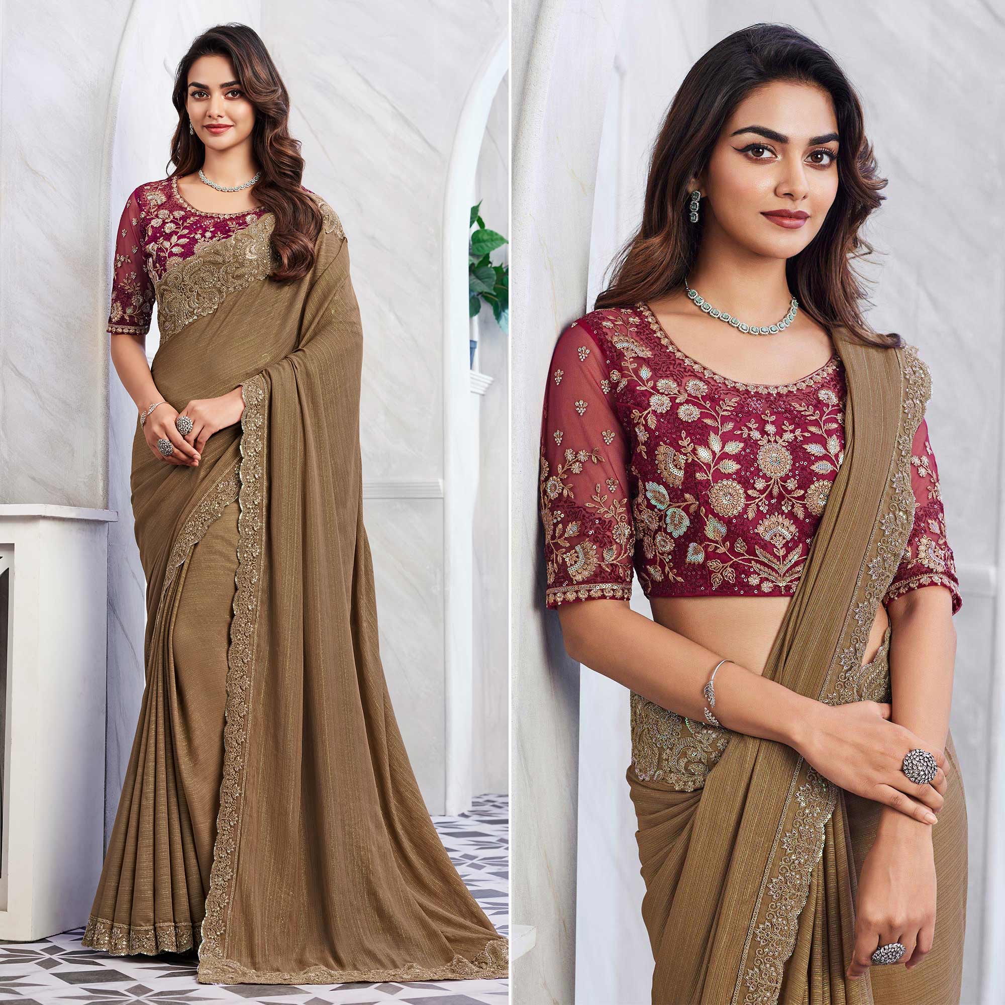 Brown Floral Sequins Embroidered Chiffon Saree