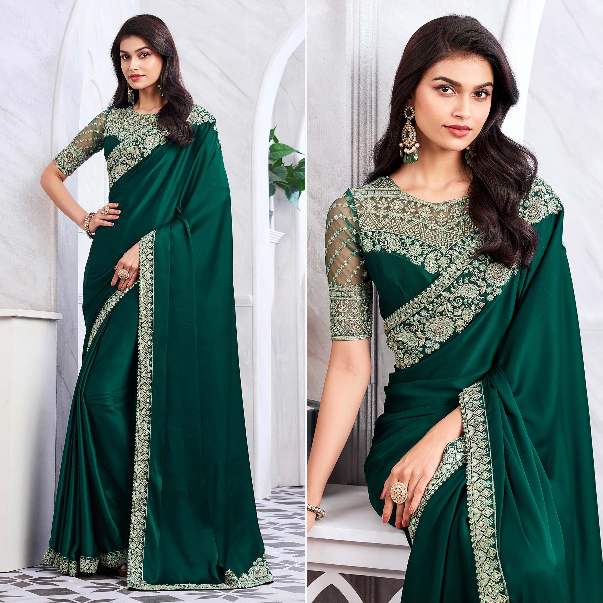 Green Floral Sequins Embroidered Satin Saree