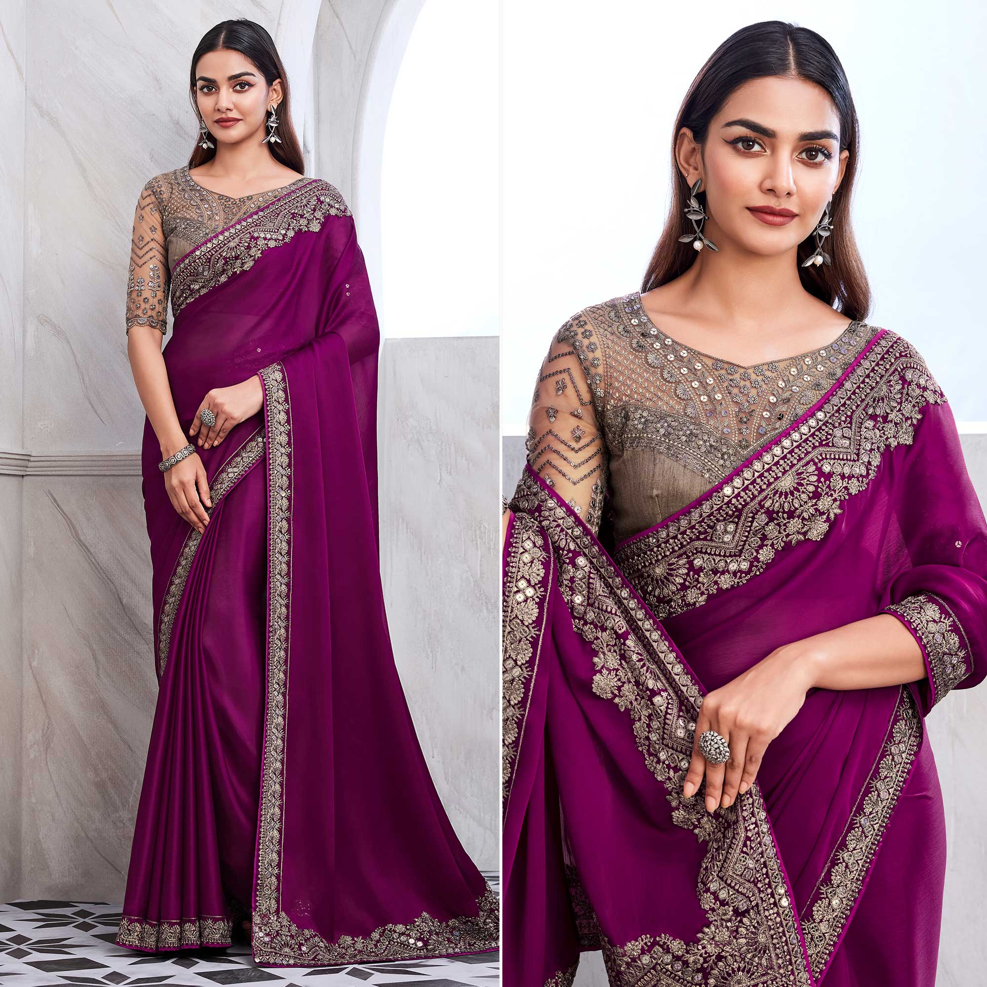 Magenta Floral Sequins Embroidered Satin Saree