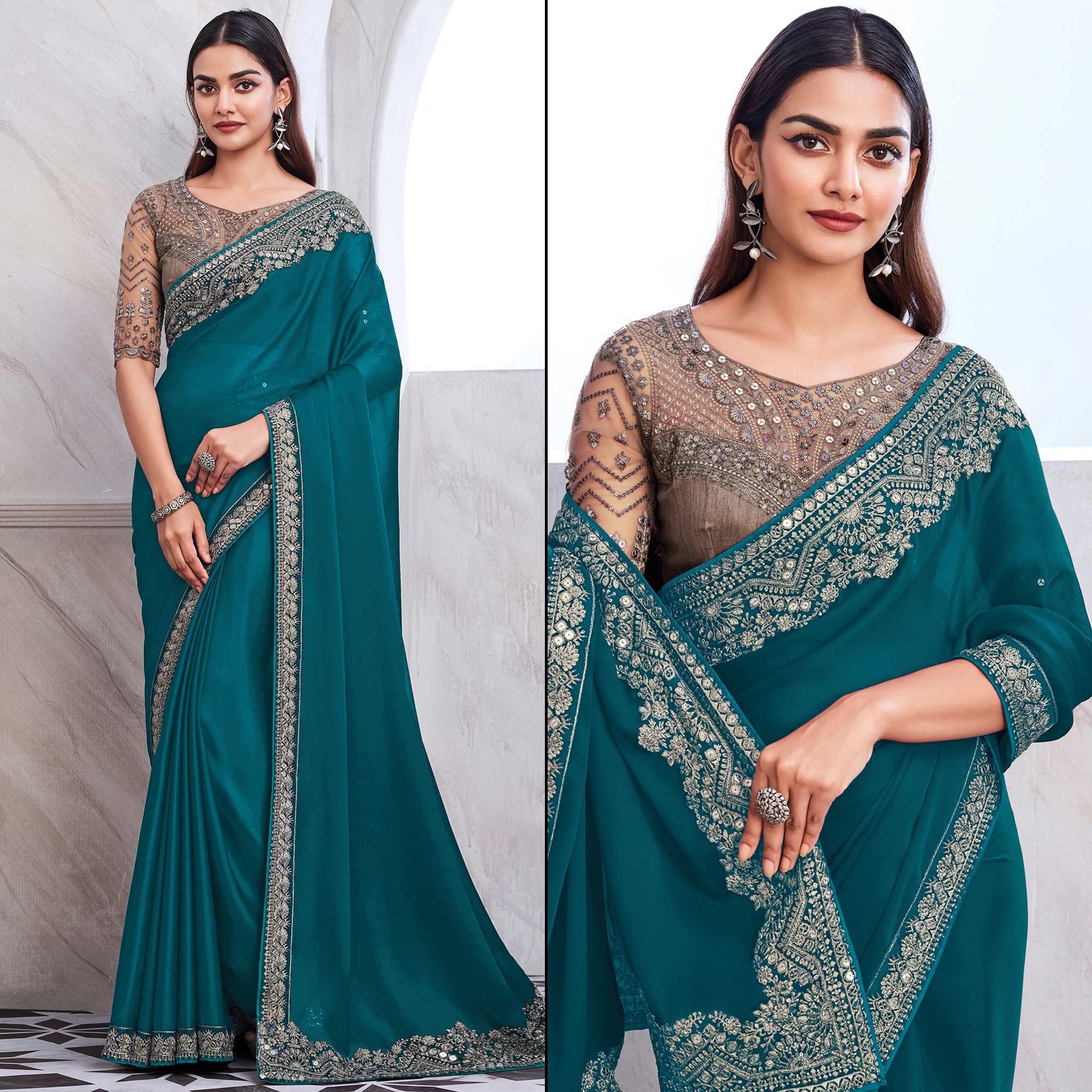 Teal Floral Sequins Embroidered Satin Saree