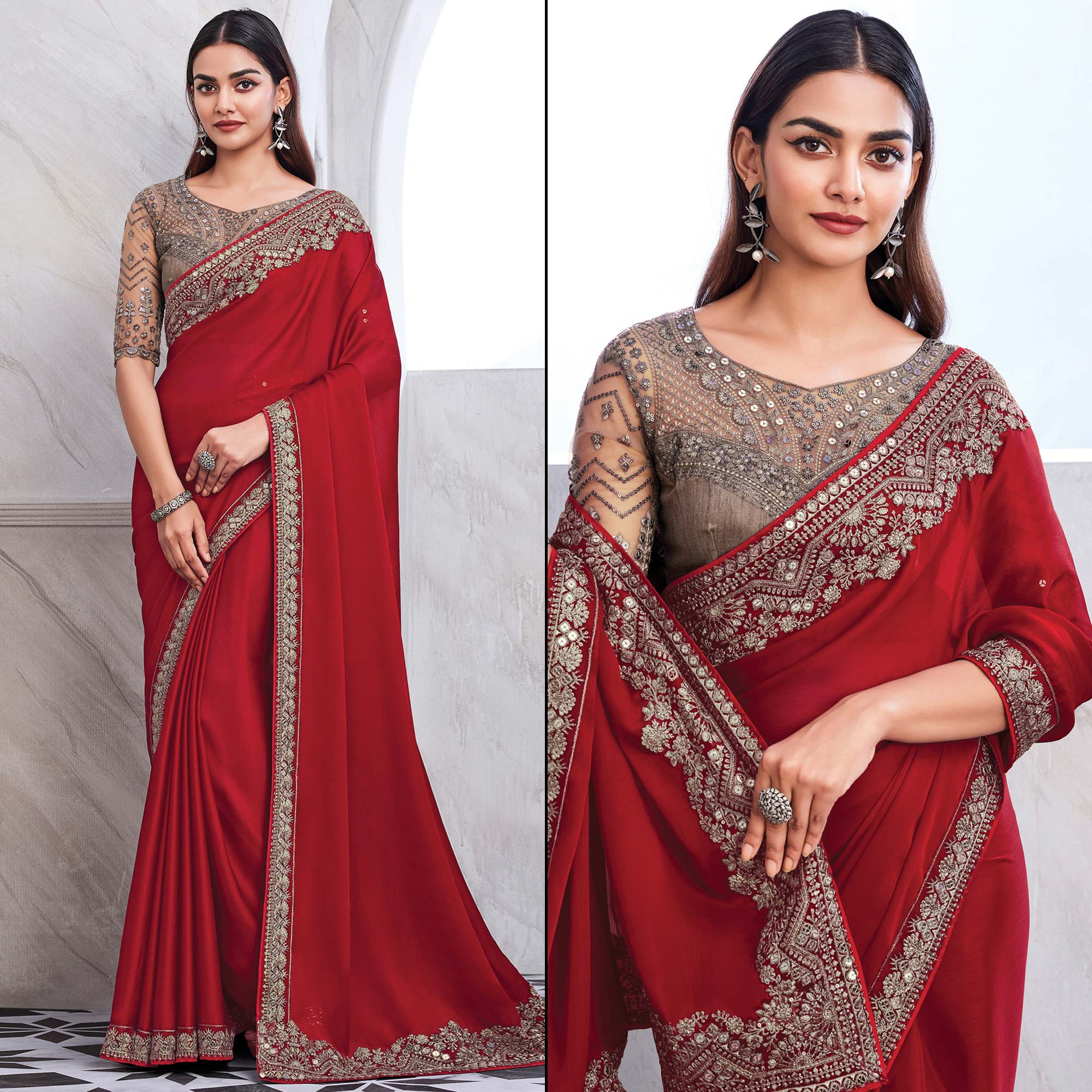 Red Floral Sequins Embroidered Satin Saree