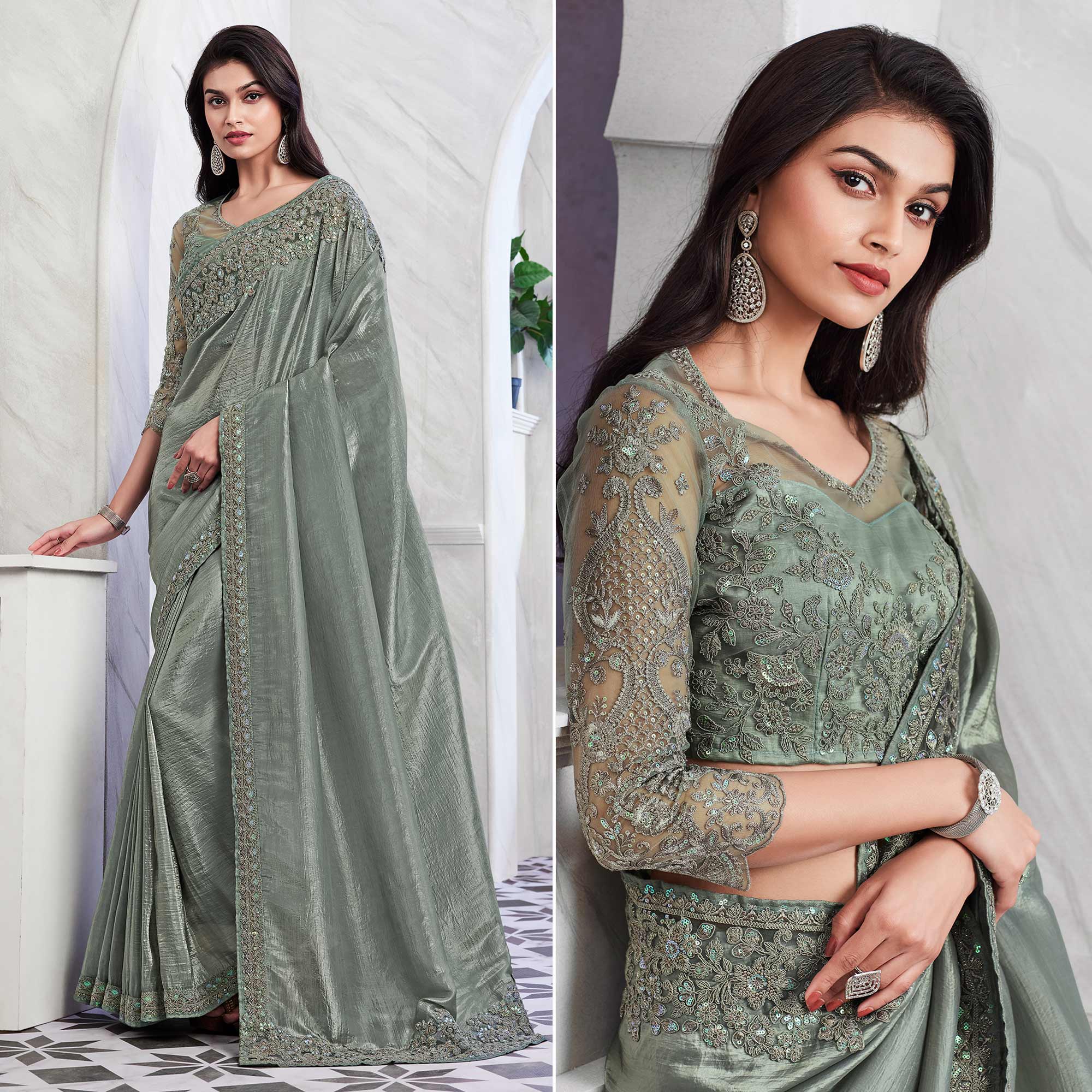 Grey Floral Sequins Embroidered Georgette Saree