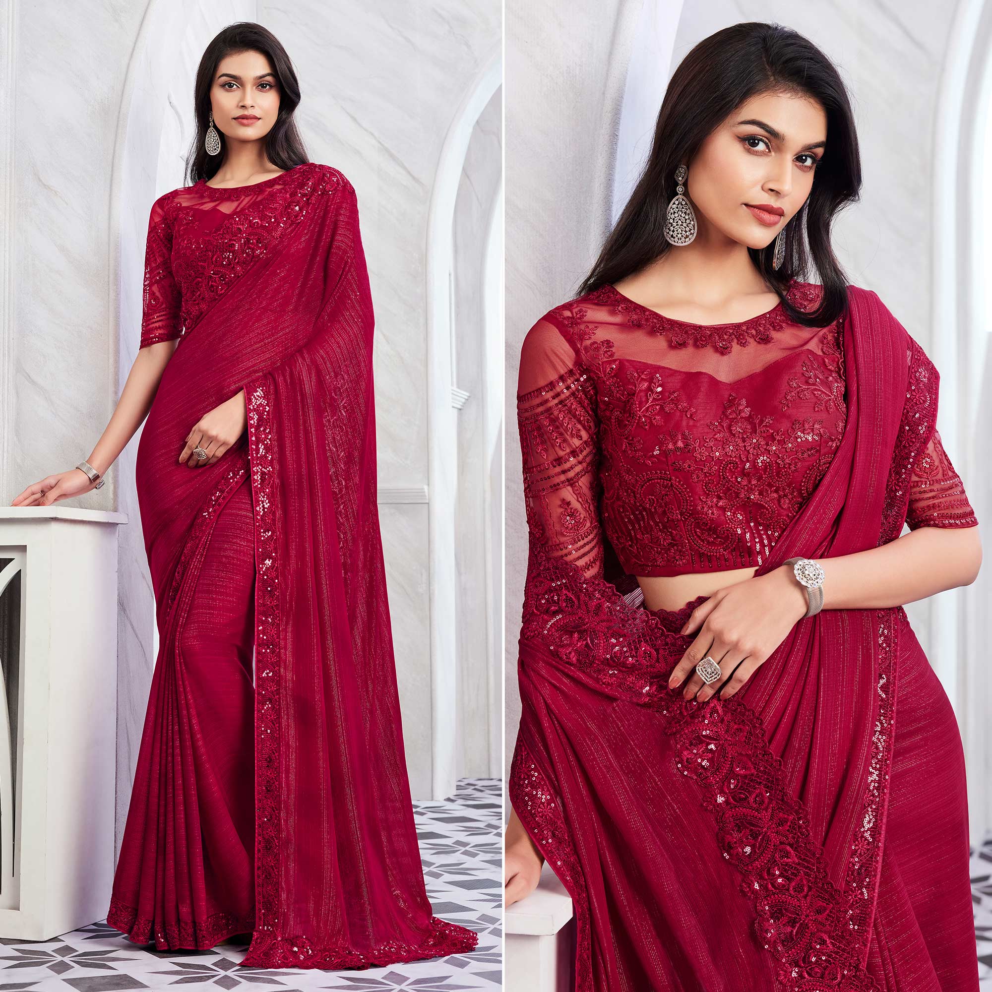 Rani Pink Floral Sequins Embroidered Chiffon Saree