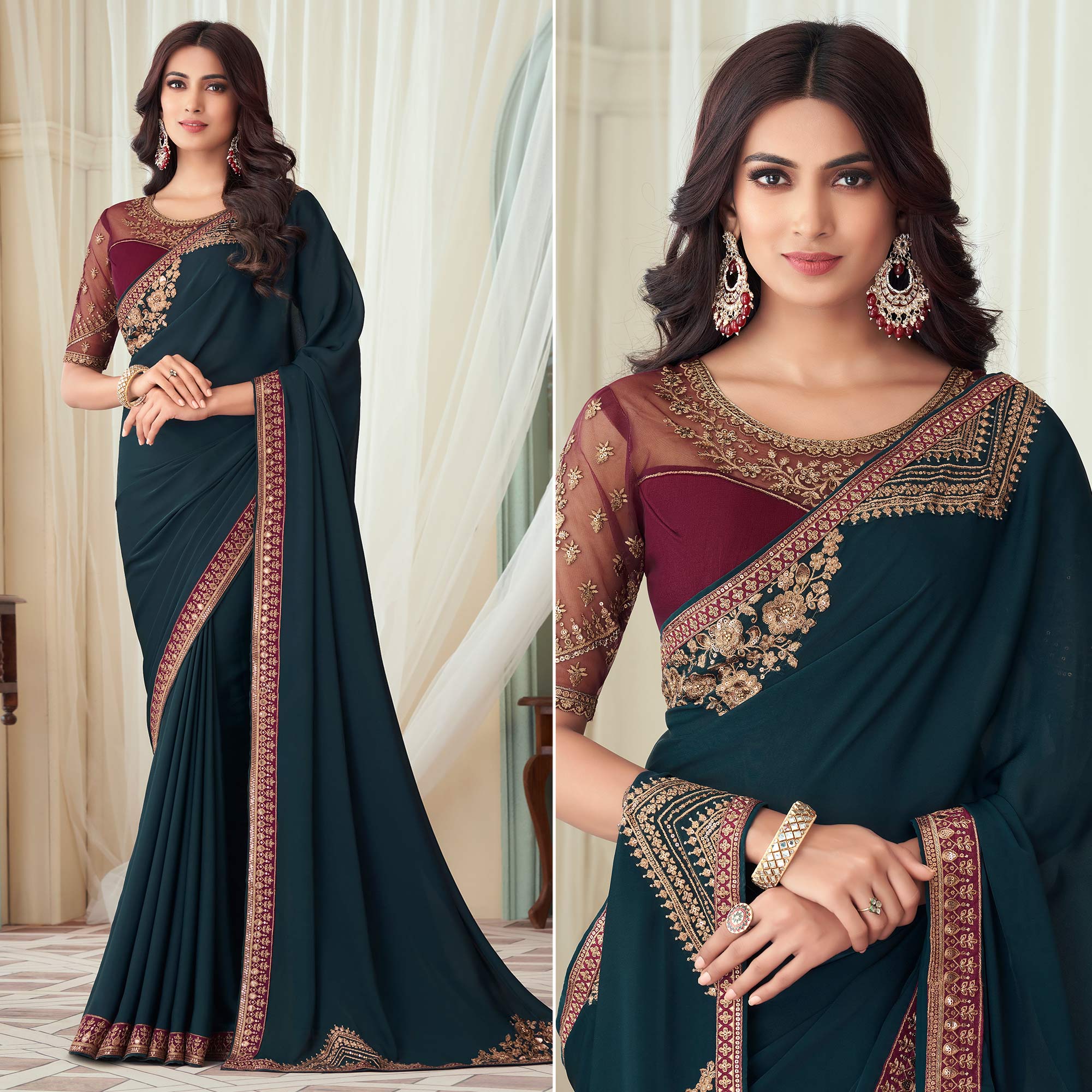 Teal Green Floral Sequin Embroidered Crepe Saree
