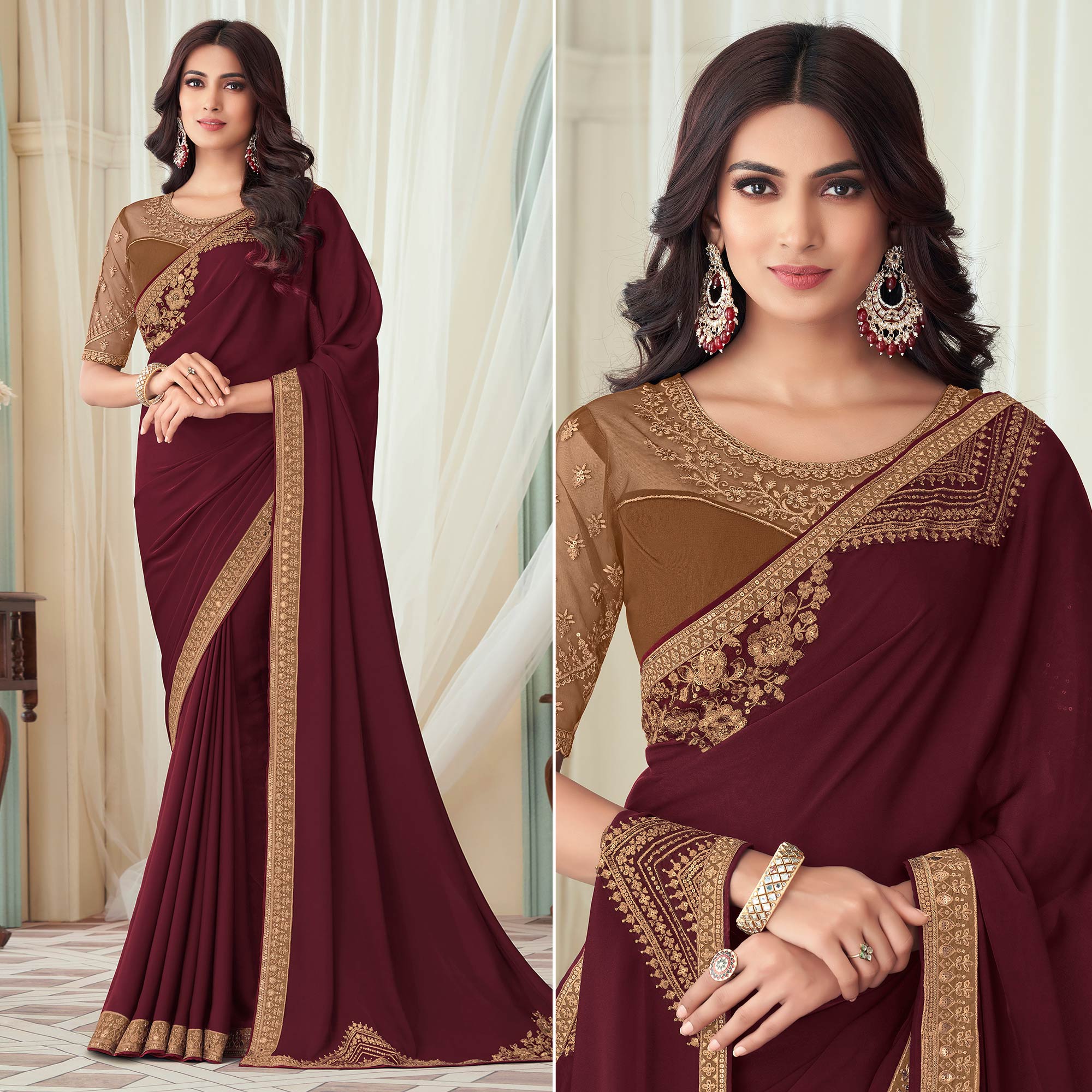 Maroon Floral Sequin Embroidered Crepe Saree