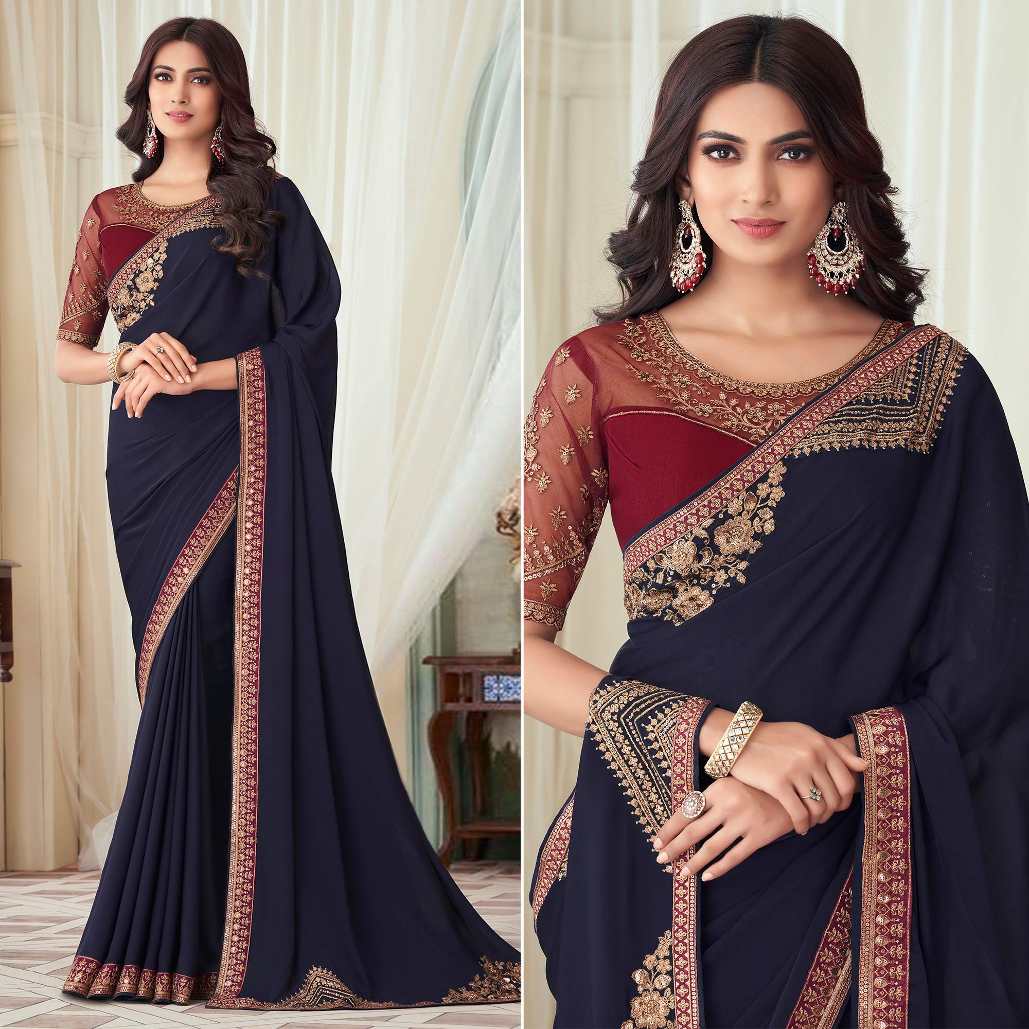 Navy Blue Floral Sequin Embroidered Crepe Saree