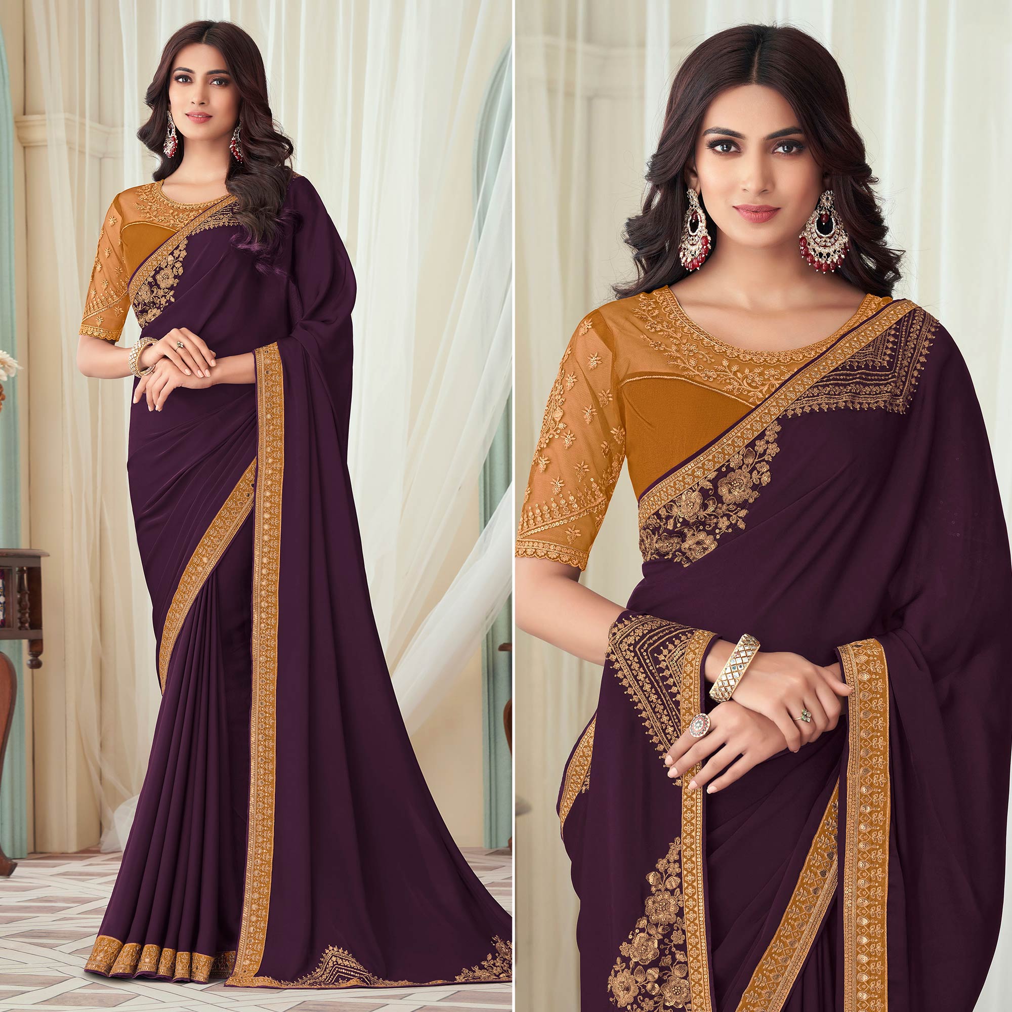 Wine Floral Sequin Embroidered Crepe Saree