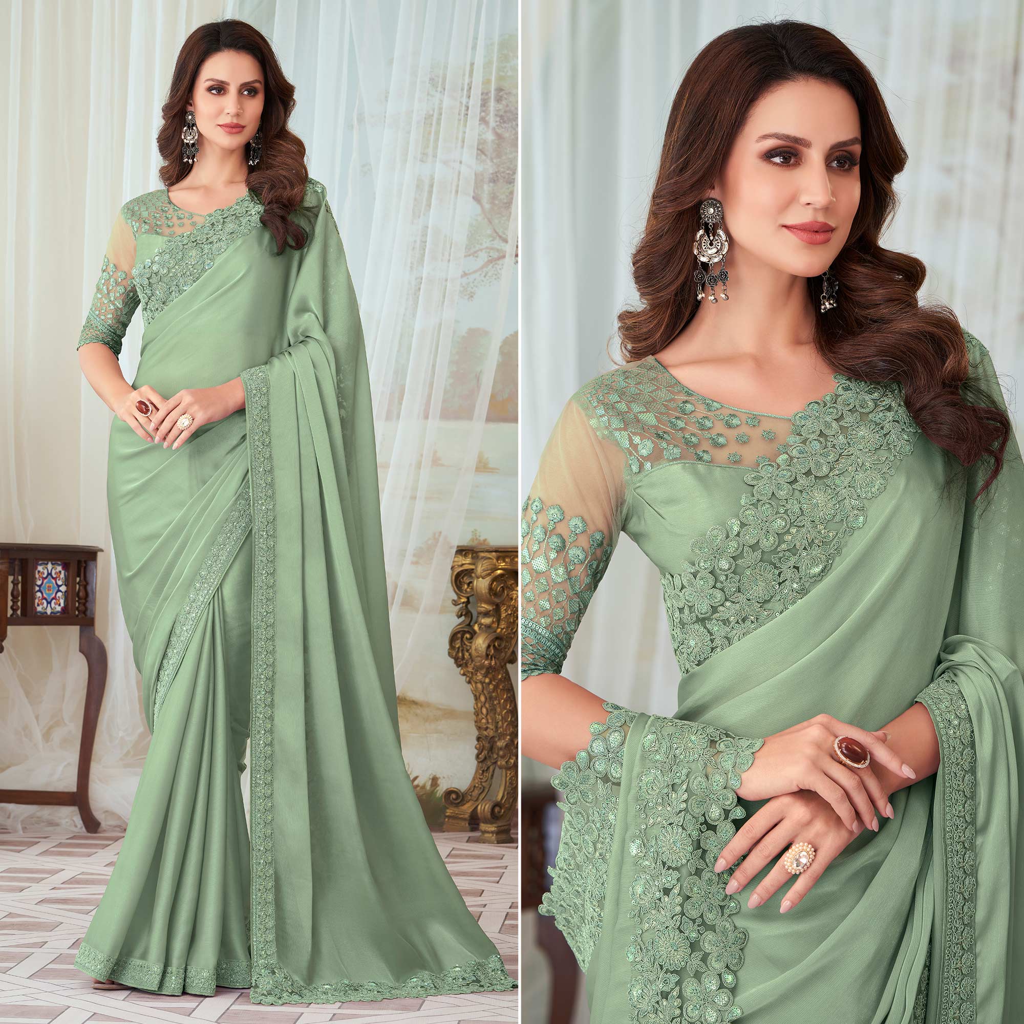 Pista Green Floral Sequin Embroidered Satin Saree