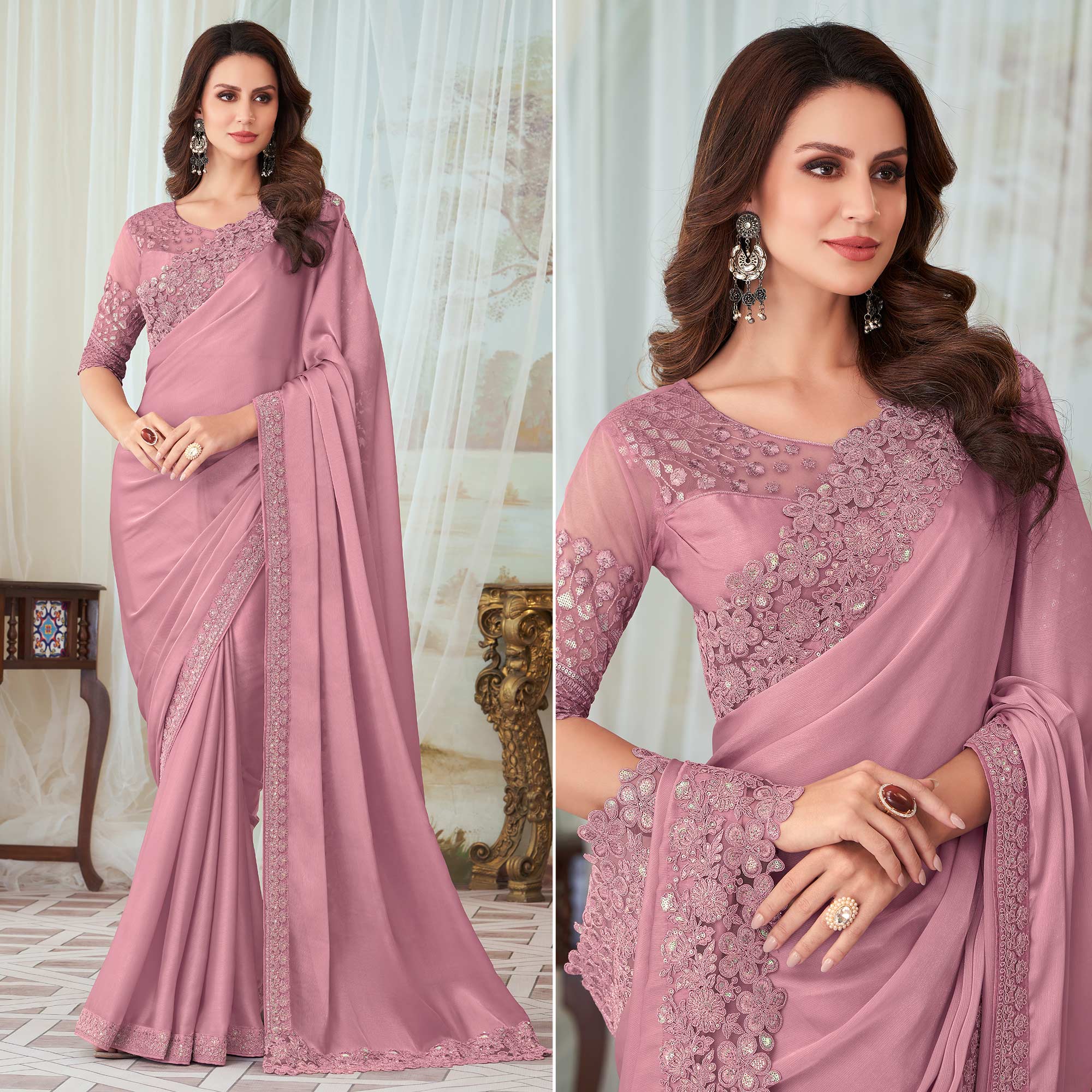 Pink Floral Sequin Embroidered Satin Saree