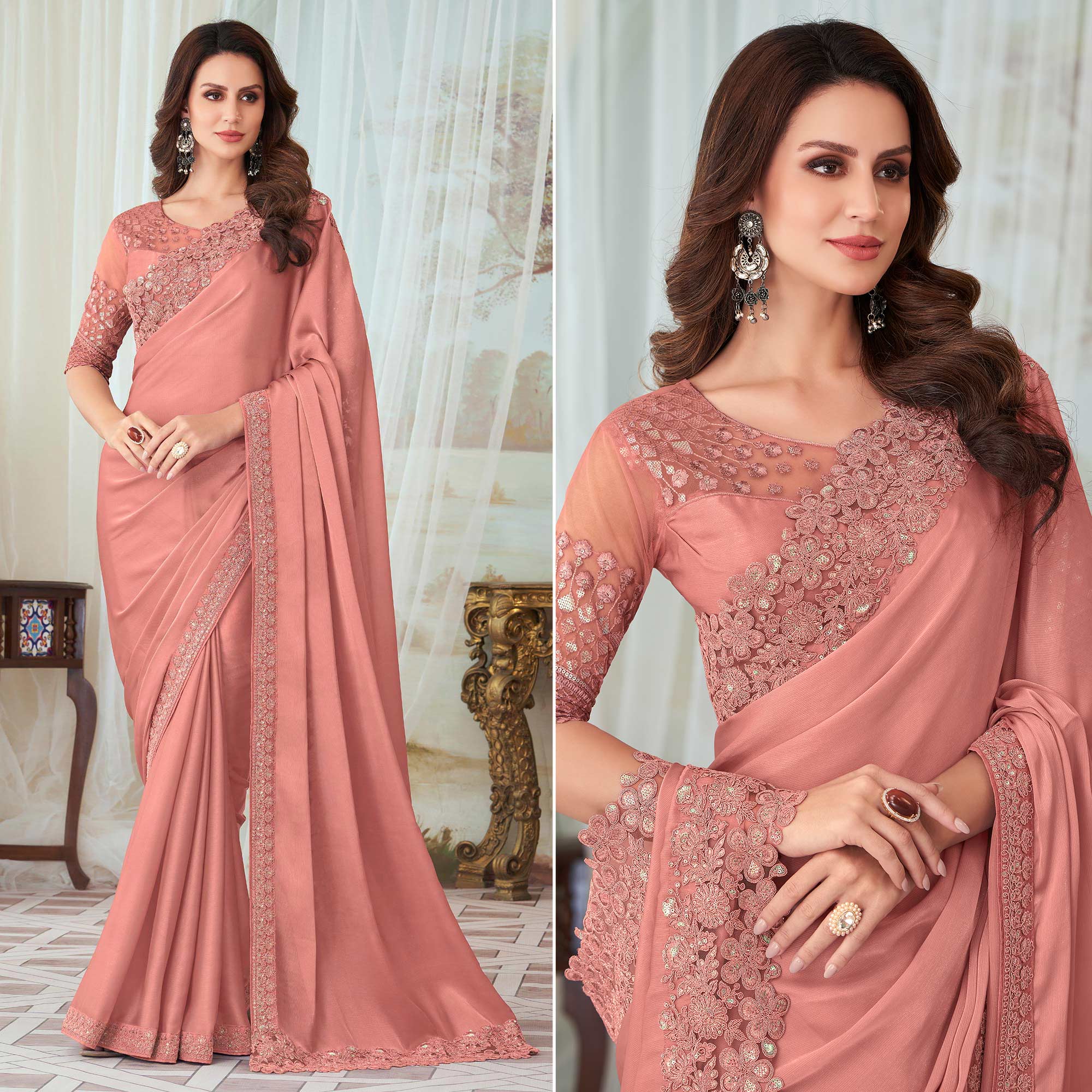 Peach Floral Sequin Embroidered Satin Saree