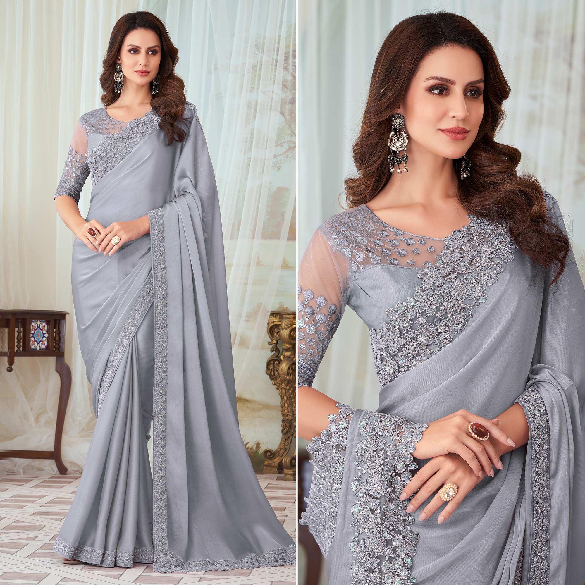 Grey Floral Sequin Embroidered Satin Saree