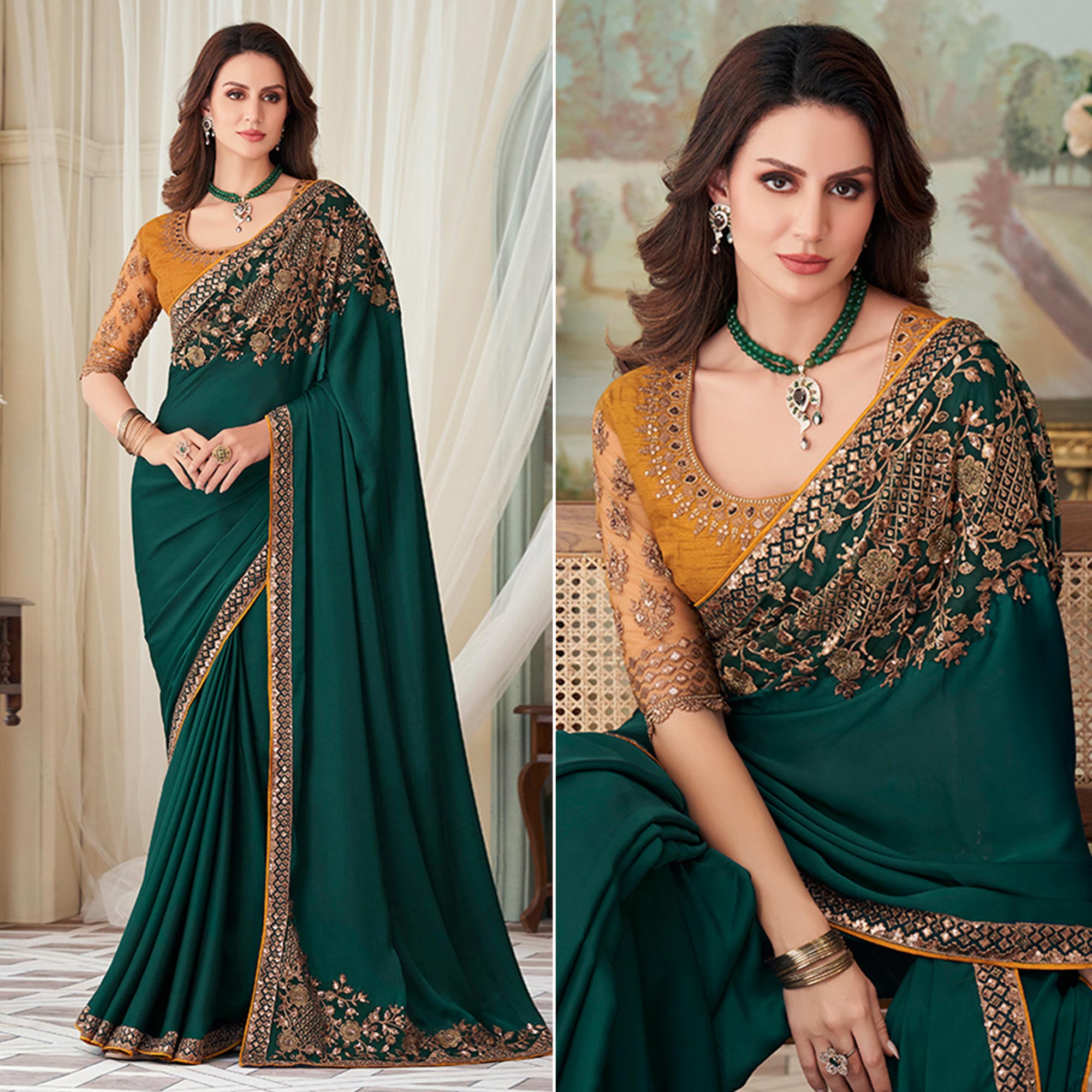 Green Floral Sequin Embroidered Crepe Saree