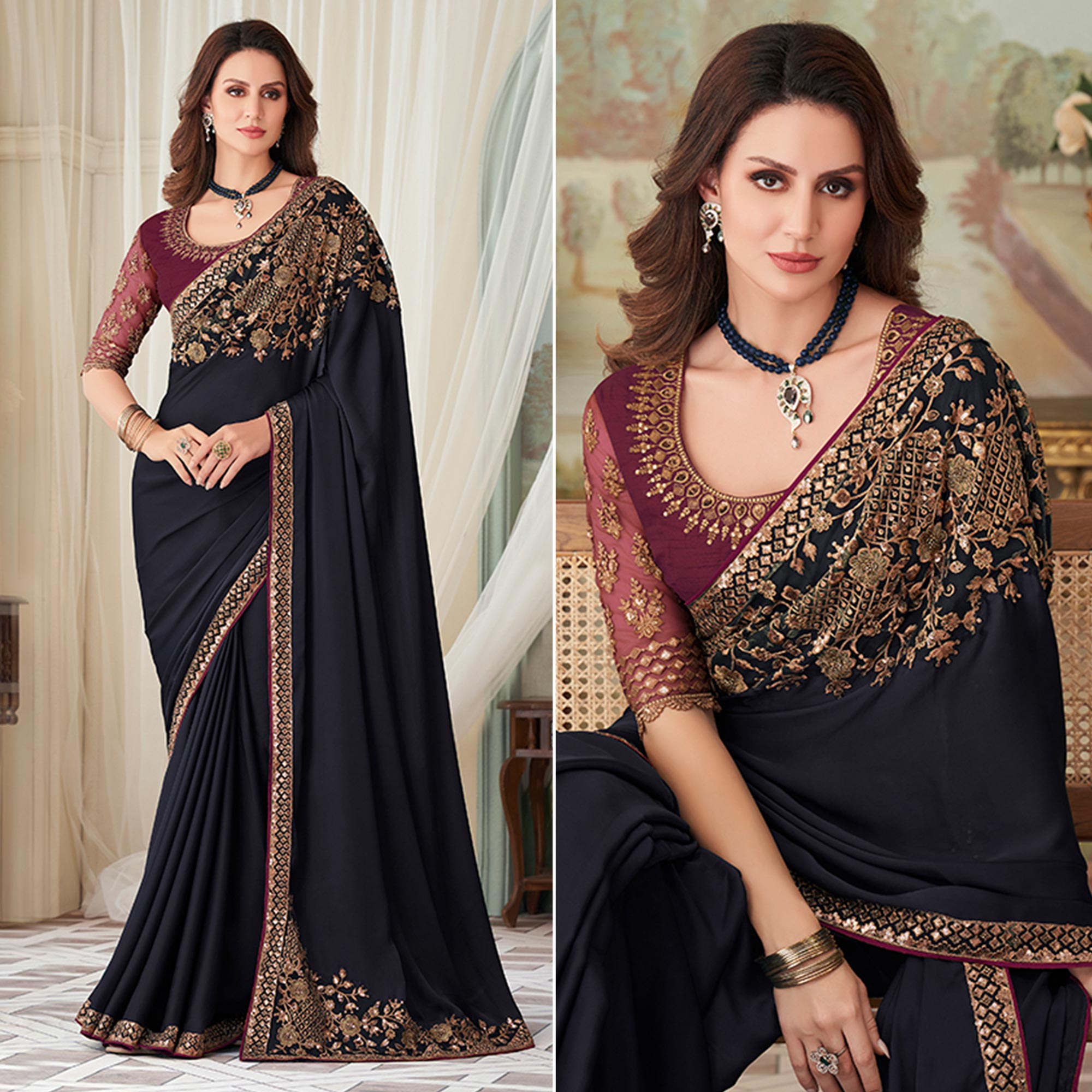Black Floral Sequin Embroidered Crepe Saree