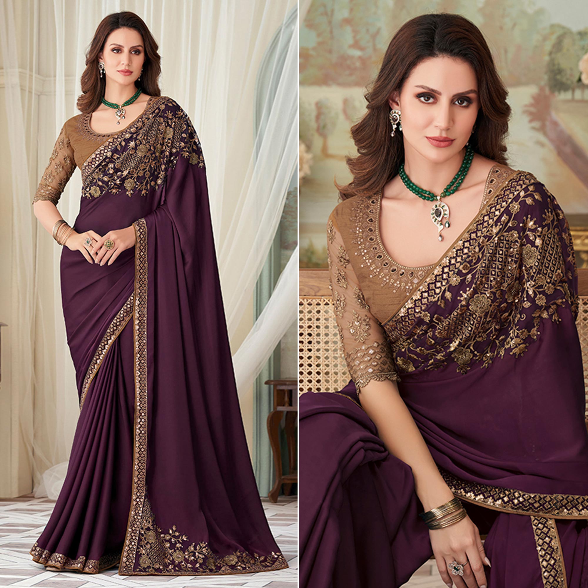 Wine Floral Sequin Embroidered Crepe Saree