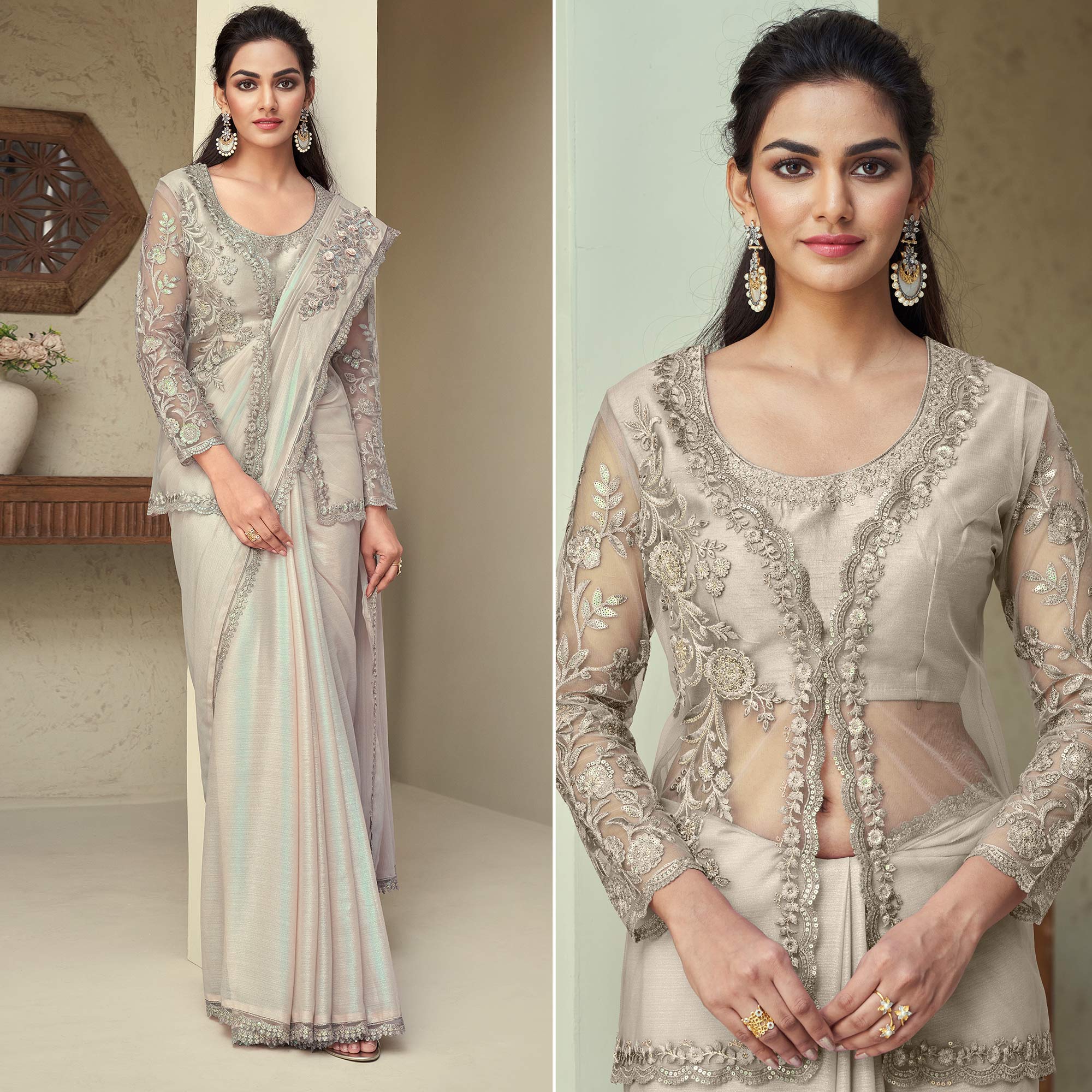 Beige Sequins Embroidered Georgette Saree