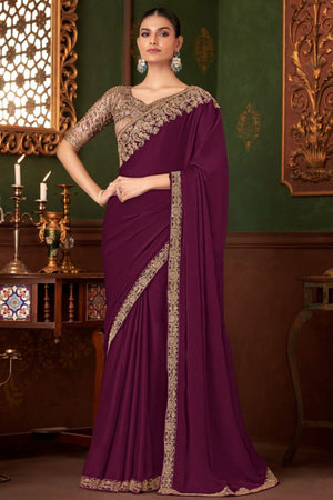 Graceful Purple Chiffon Saree Showcasing Exquisite Floral Thread Embroidery & Sequins Work