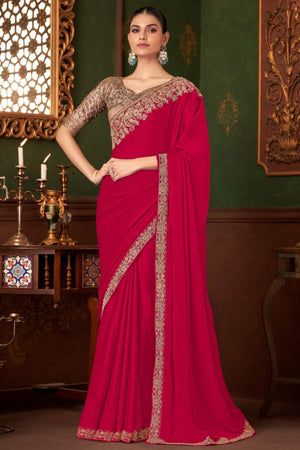 Graceful Rose Pink Chiffon Saree Showcasing Exquisite Floral Thread Embroidery & Sequins Work