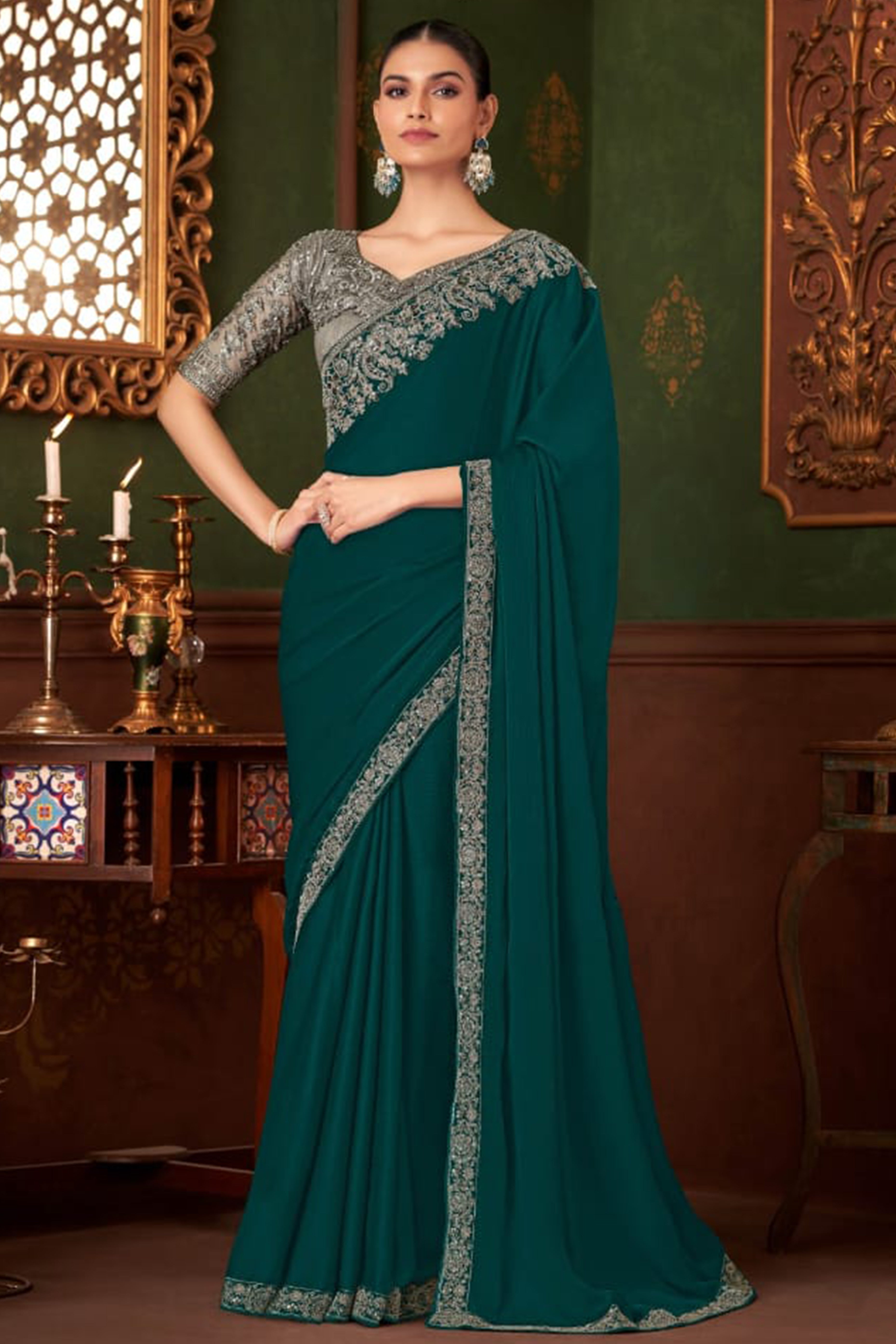 Graceful Dark Teal Green Chiffon Saree Showcasing Exquisite Floral Thread Embroidery & Sequins Work