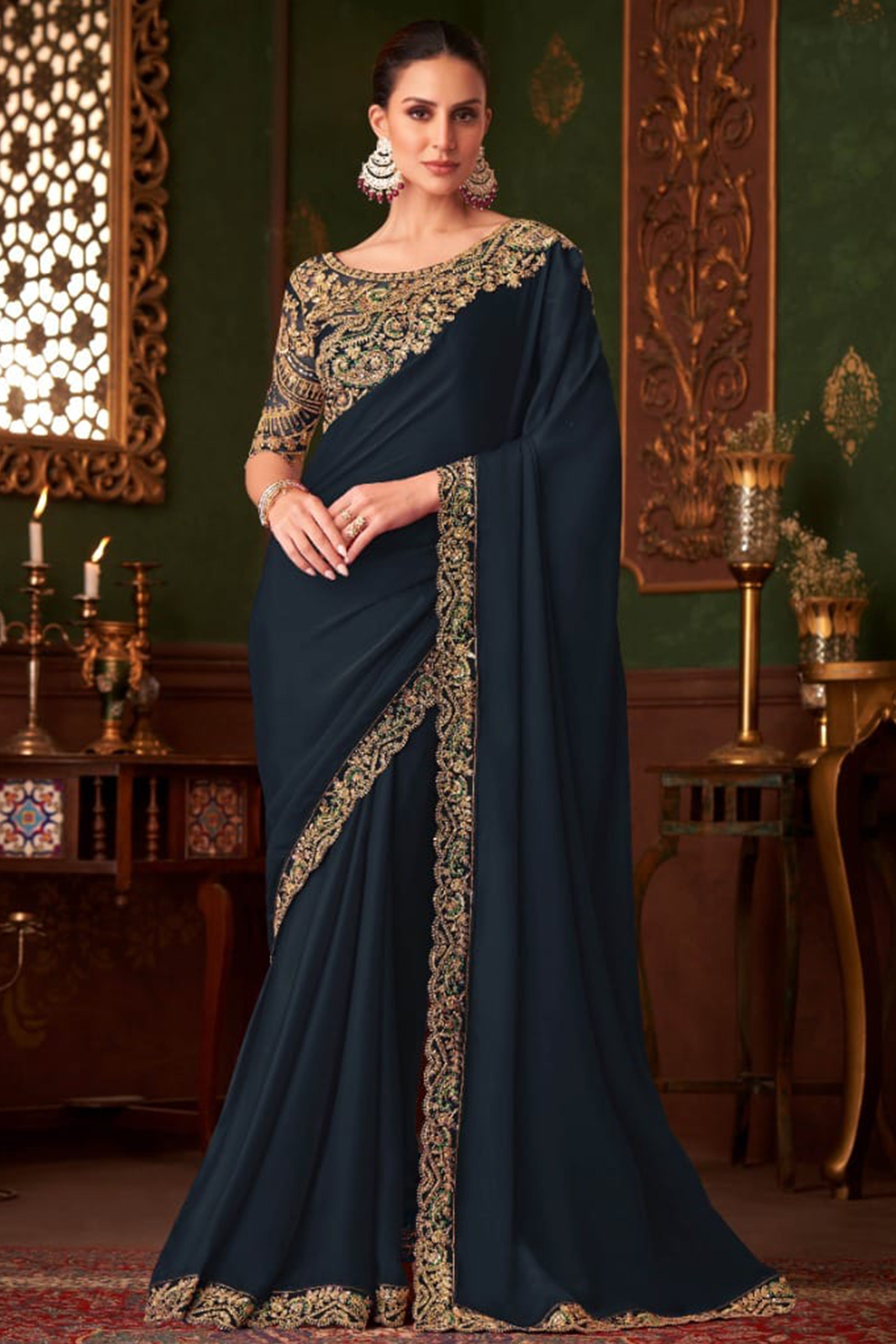 Charming Navy Blue Floral & Paisley Embroidered Chiffon Saree With Sparkling Sequins Detailing