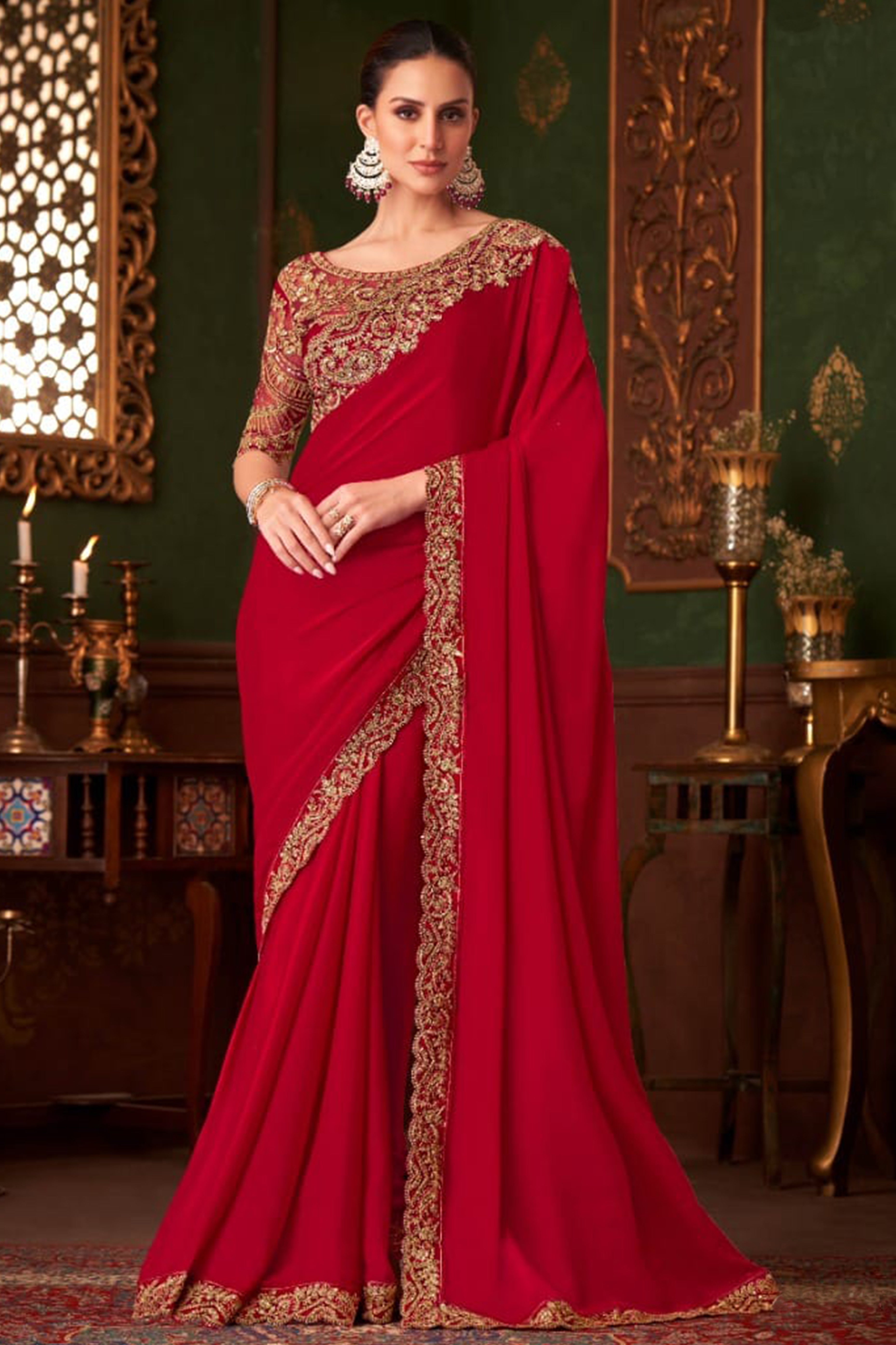 Charming Red Floral & Paisley Embroidered Chiffon Saree With Sparkling Sequins Detailing