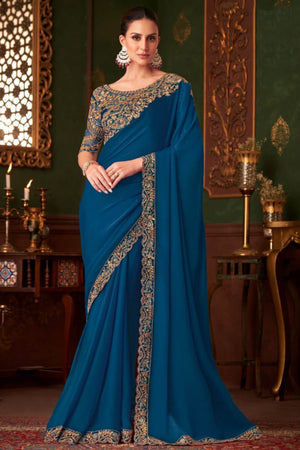 Charming Blue Floral & Paisley Embroidered Chiffon Saree With Sparkling Sequins Detailing