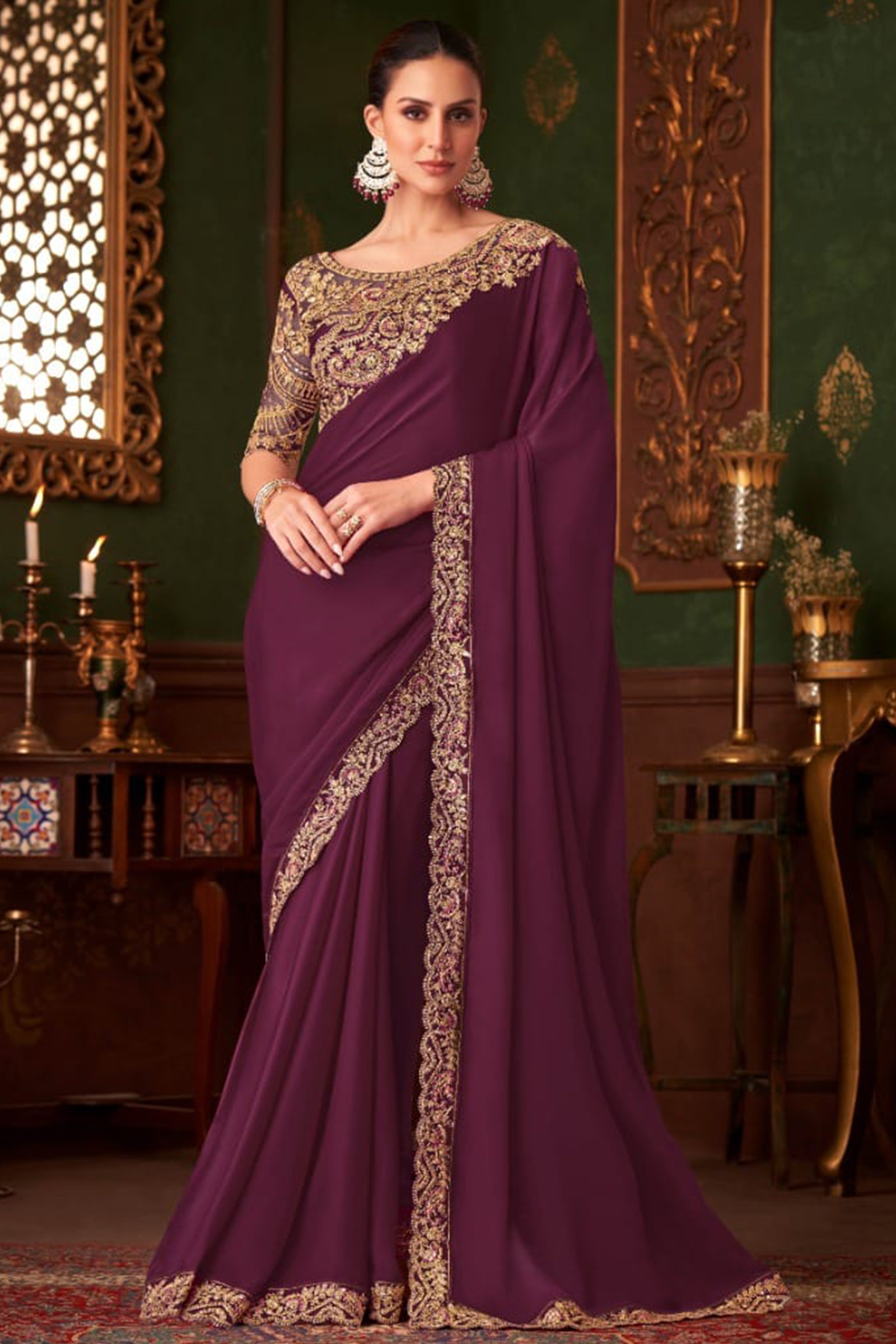 Charming Wine Floral & Paisley Embroidered Chiffon Saree With Sparkling Sequins Detailing