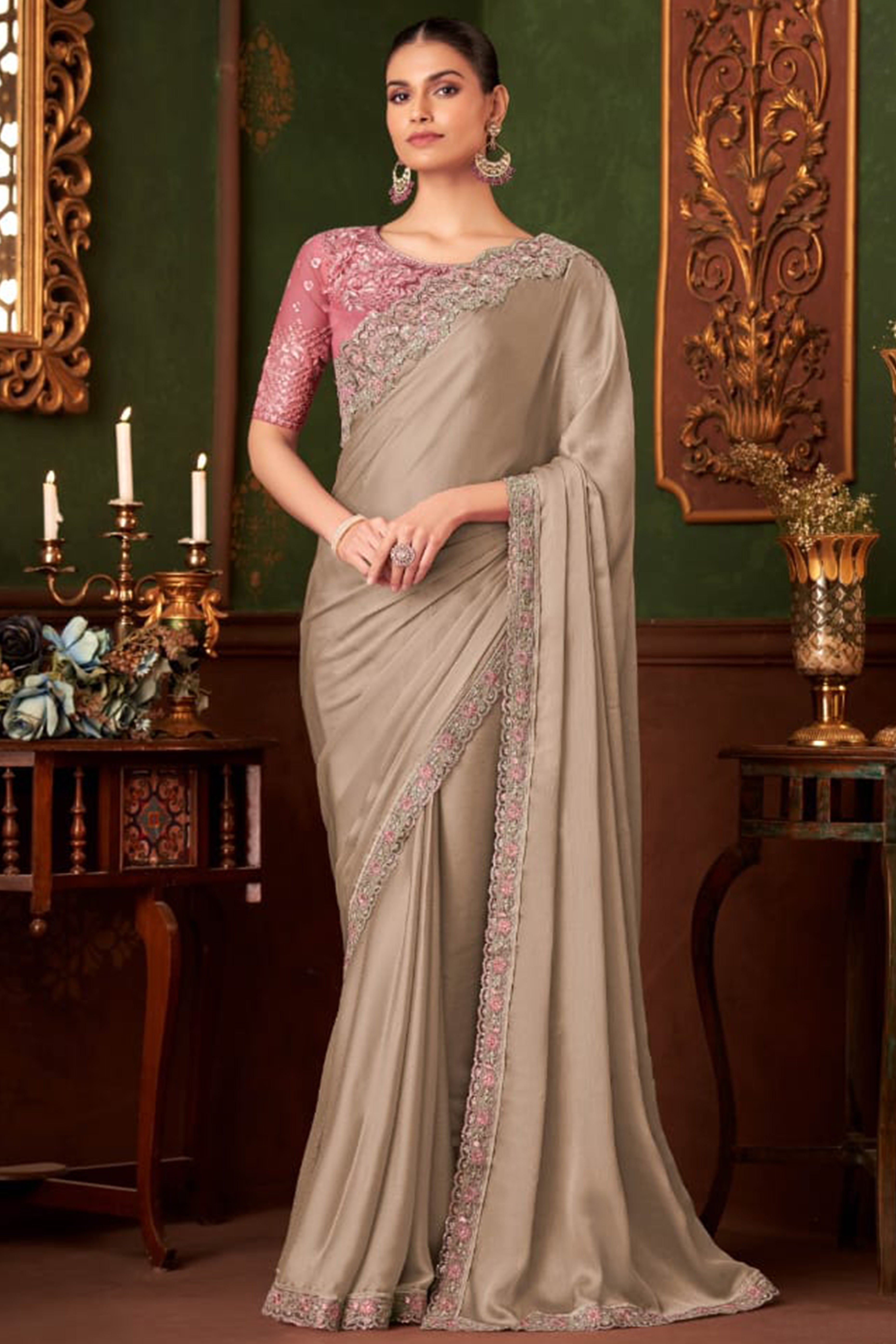 Elegant Beige Floral Thread Embroidered Chiffon Saree Featuring Sequins Accents