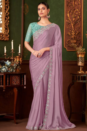 Elegant Mauve Floral Thread Embroidered Chiffon Saree Featuring Sequins Accents