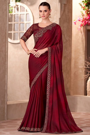 Party Perfect Maroon Chiffon Saree with Shimmering Sequin and Thread Embroidery