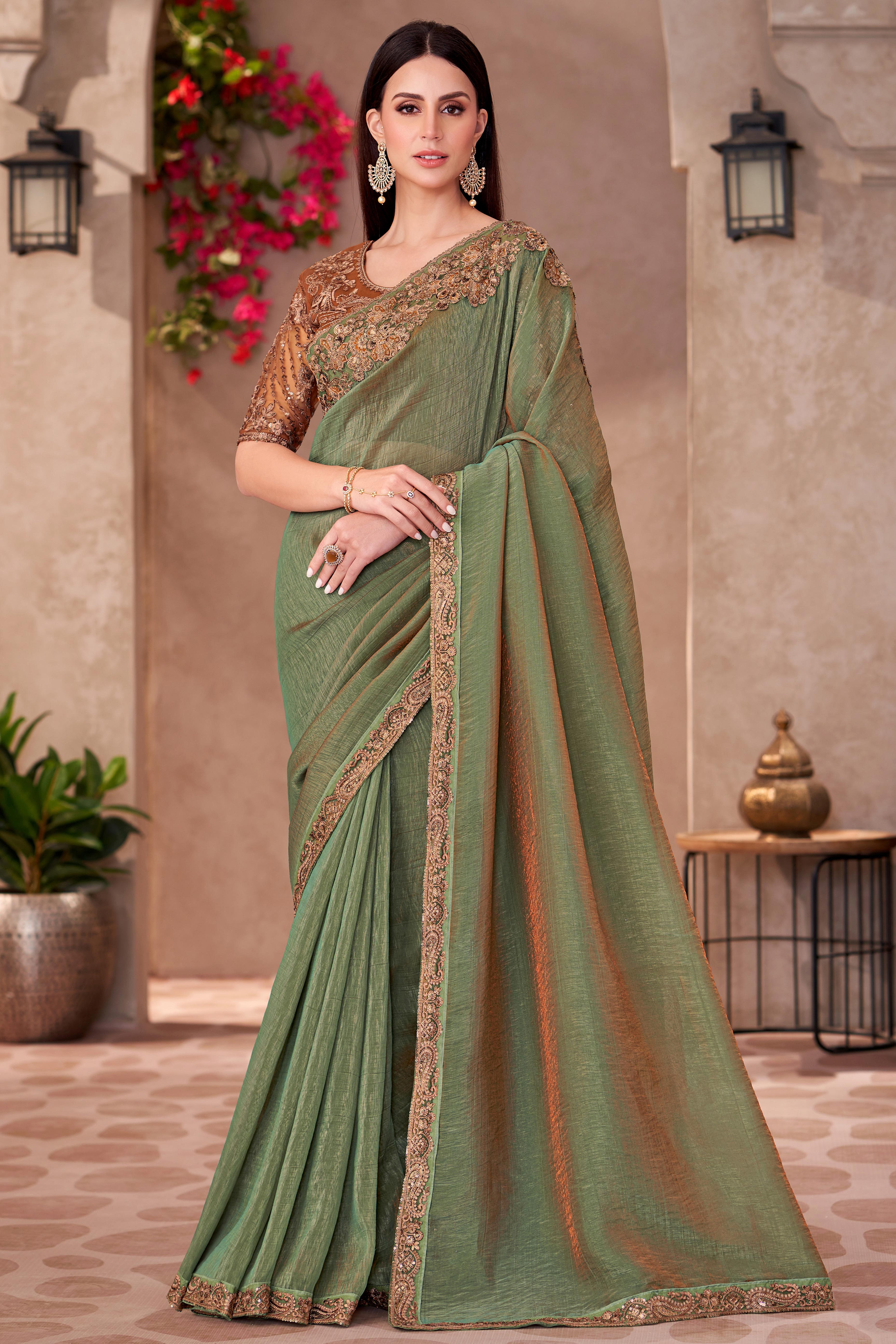 Party Perfect Pista Green Georgette Saree with Shimmering Sequin and Thread Embroidery