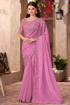 Party Perfect Pink Chiffon Saree with Shimmering Sequin and Thread Embroidery