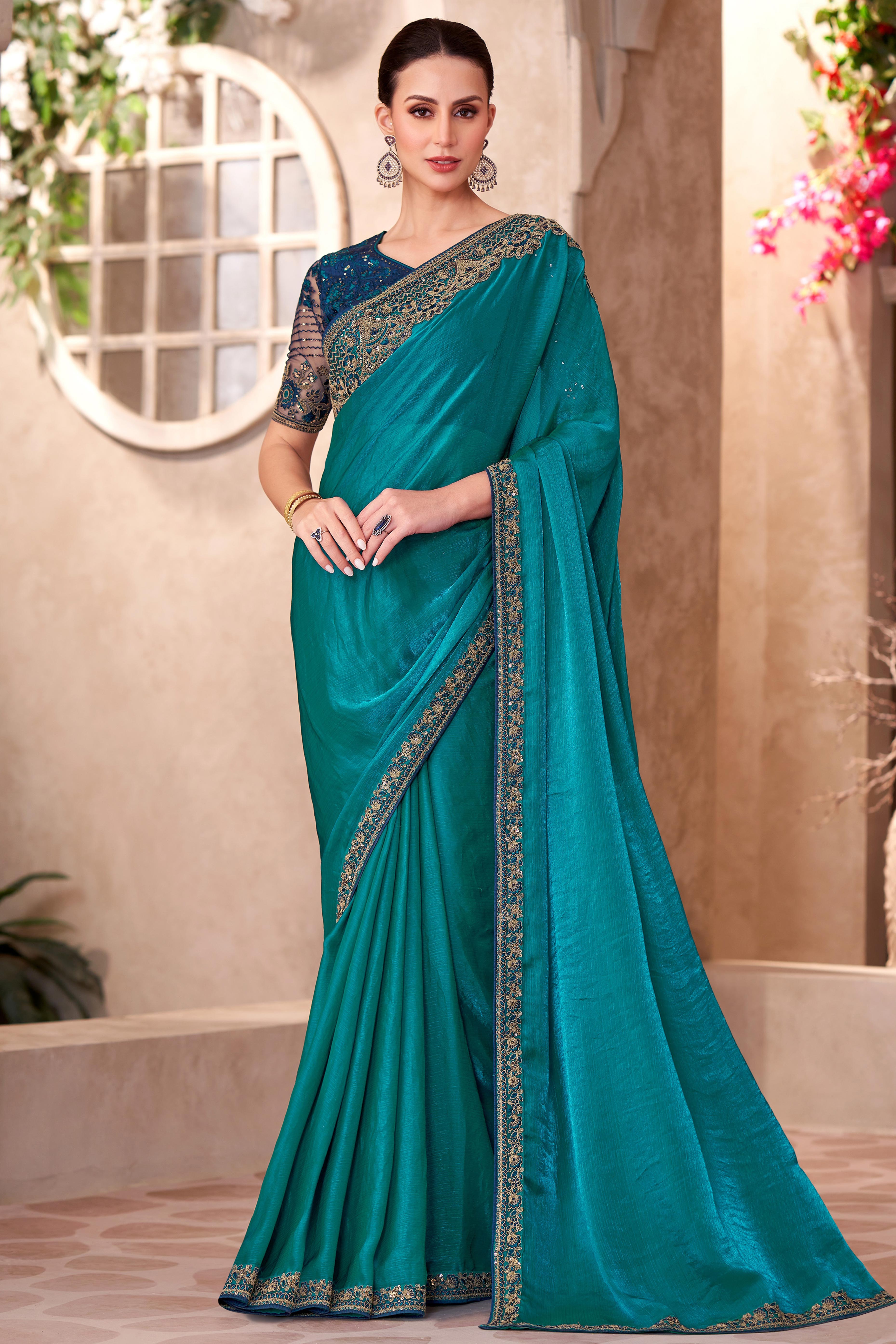Party Perfect Teal  Georgette Saree with Shimmering Sequin and Thread Embroidery