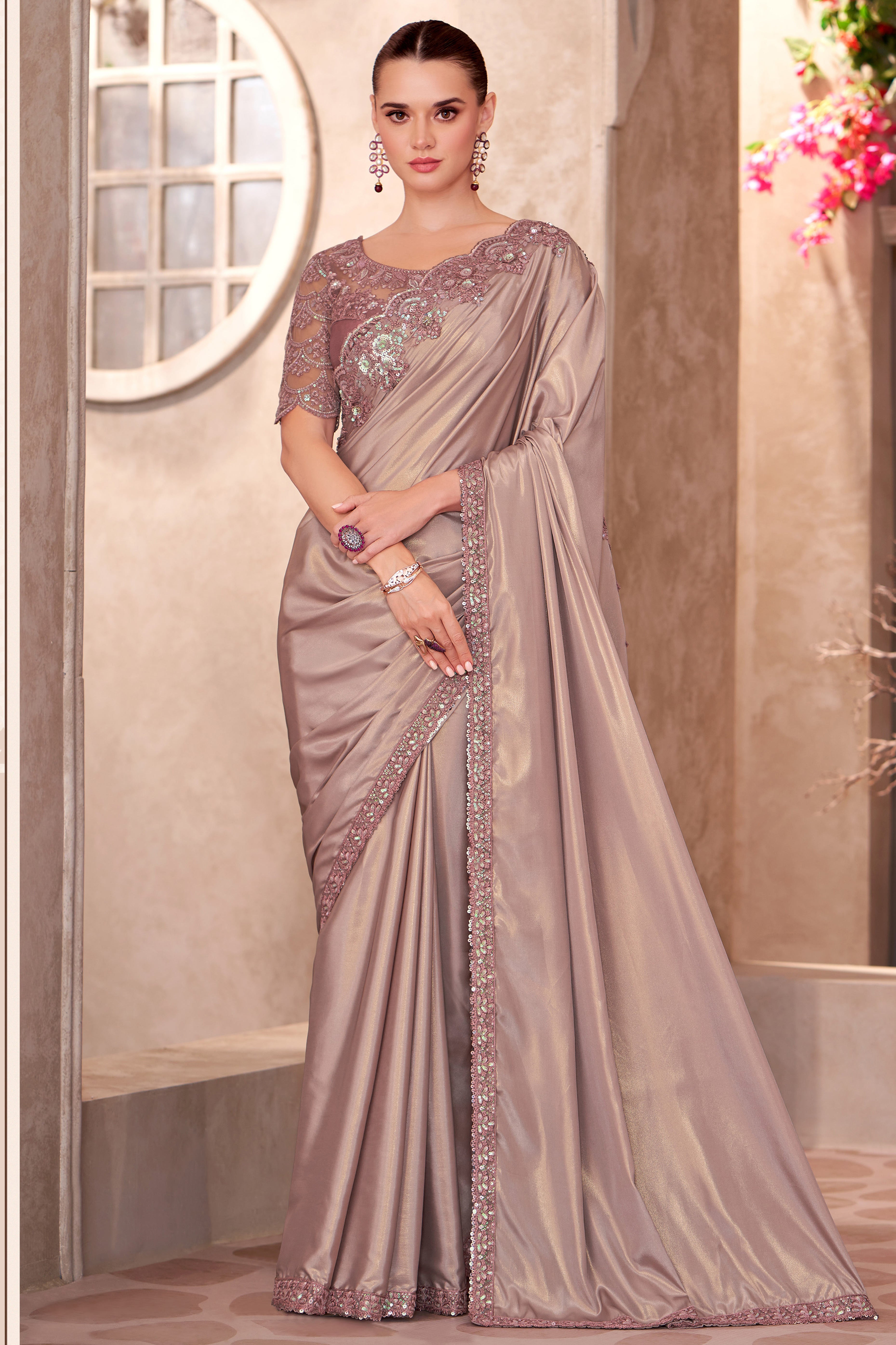 Party Perfect Pinkish Beige Crepe Saree with Shimmering Sequin and Thread Embroidery