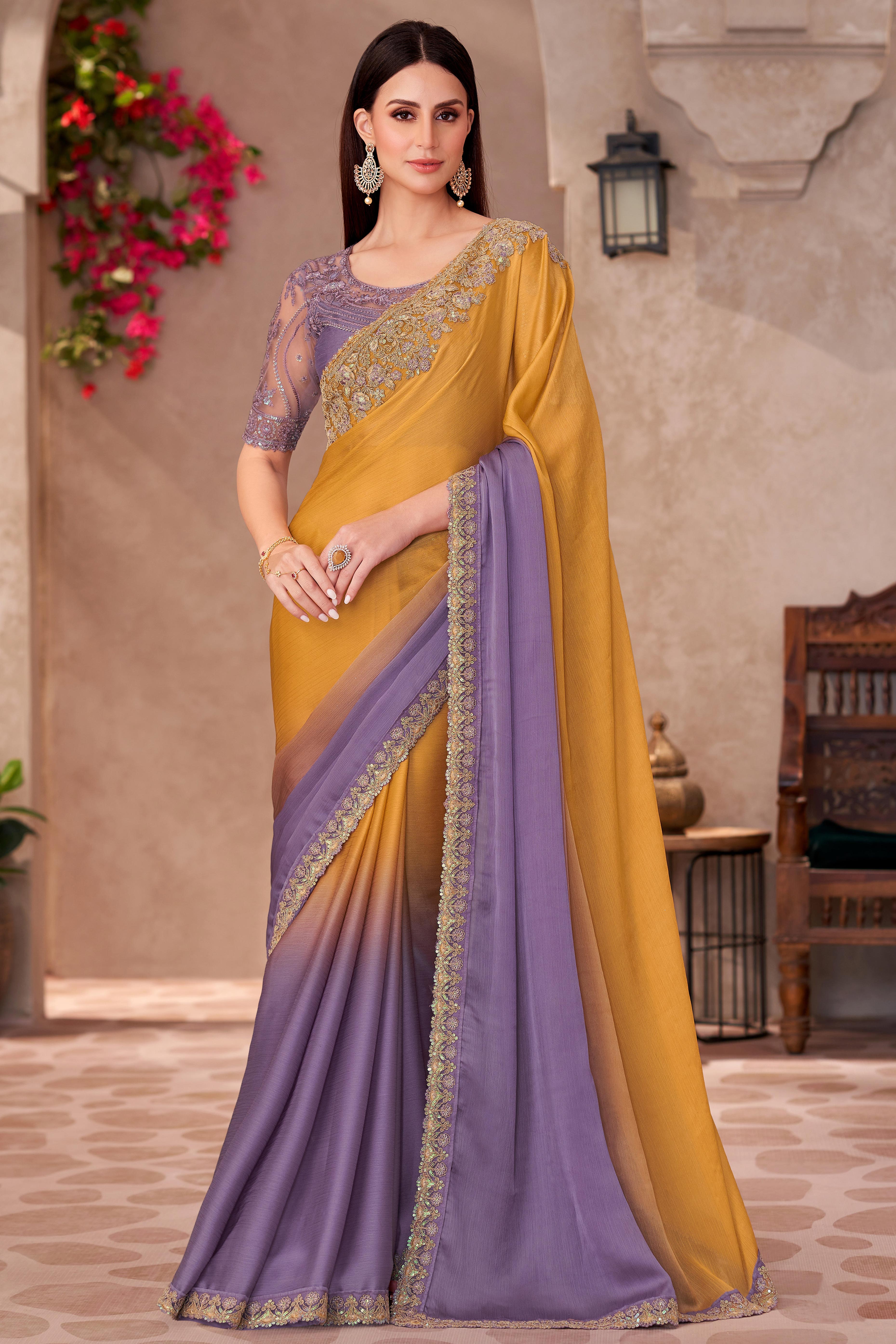 Party Perfect Mustard & Lavender Chiffon Saree with Shimmering Sequin and Thread Embroidery