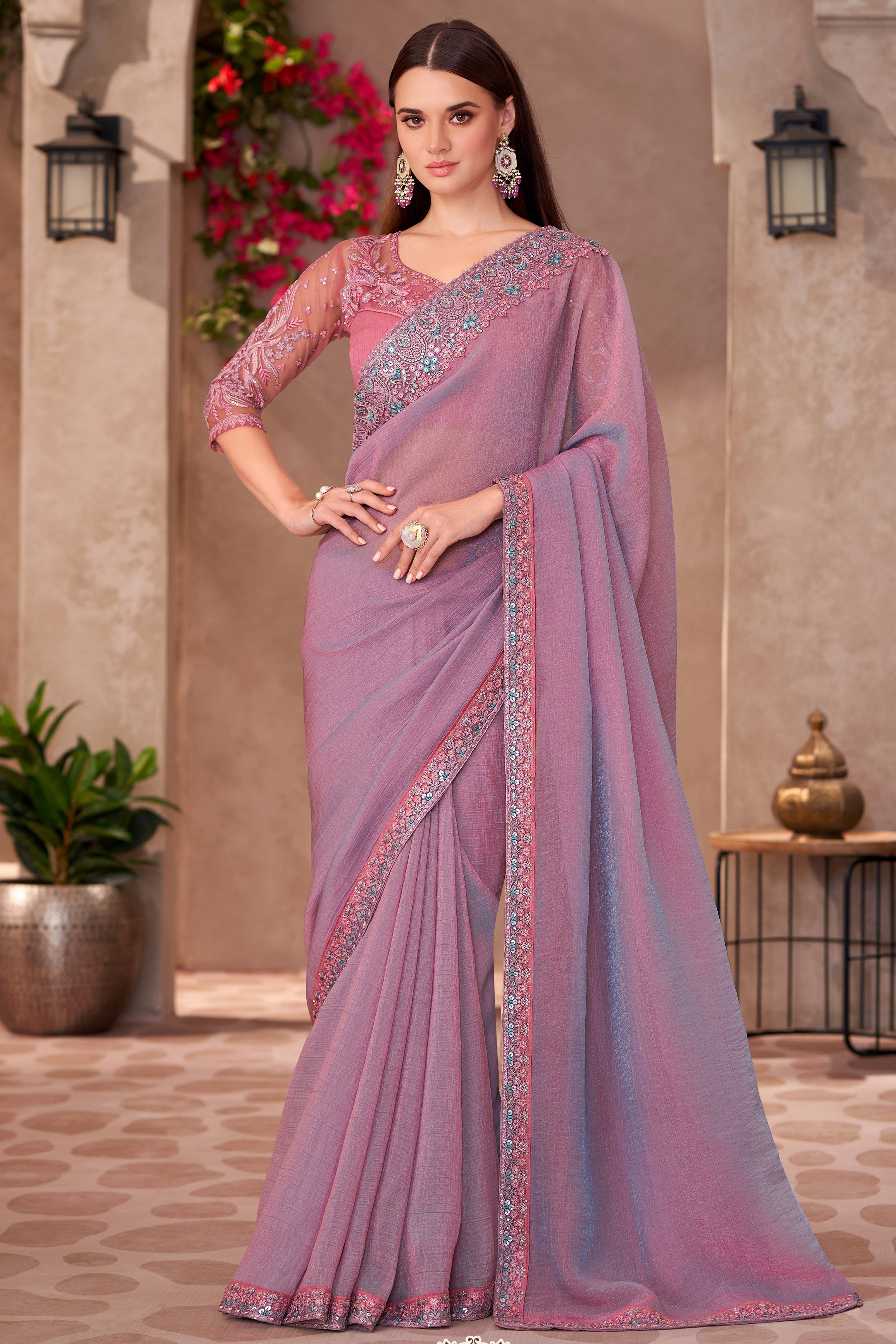 Party Perfect Lavender Georgette Saree with Shimmering Sequin and Thread Embroidery