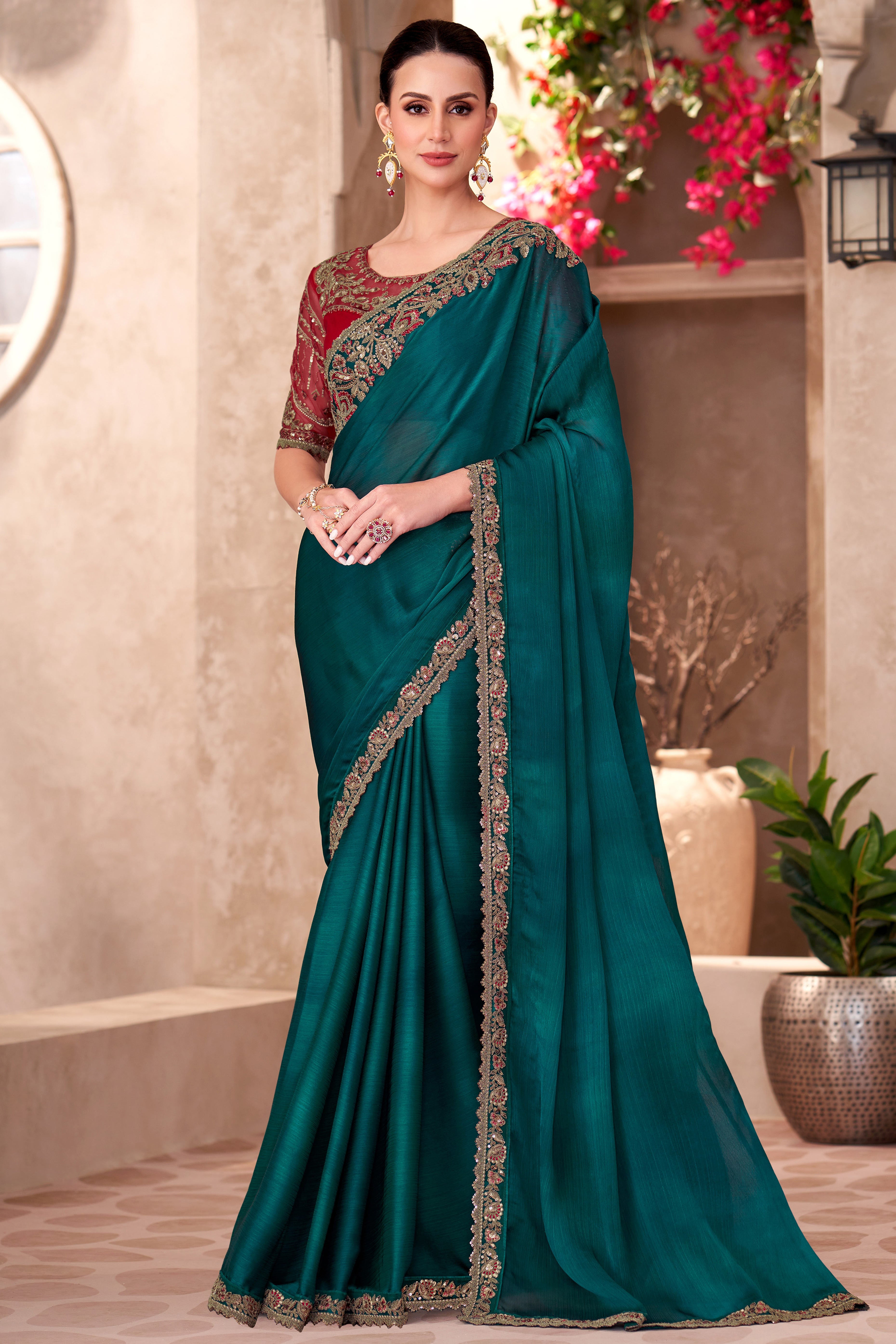 Party Perfect Bottle Green Chiffon Saree with Shimmering Sequin and Thread Embroidery