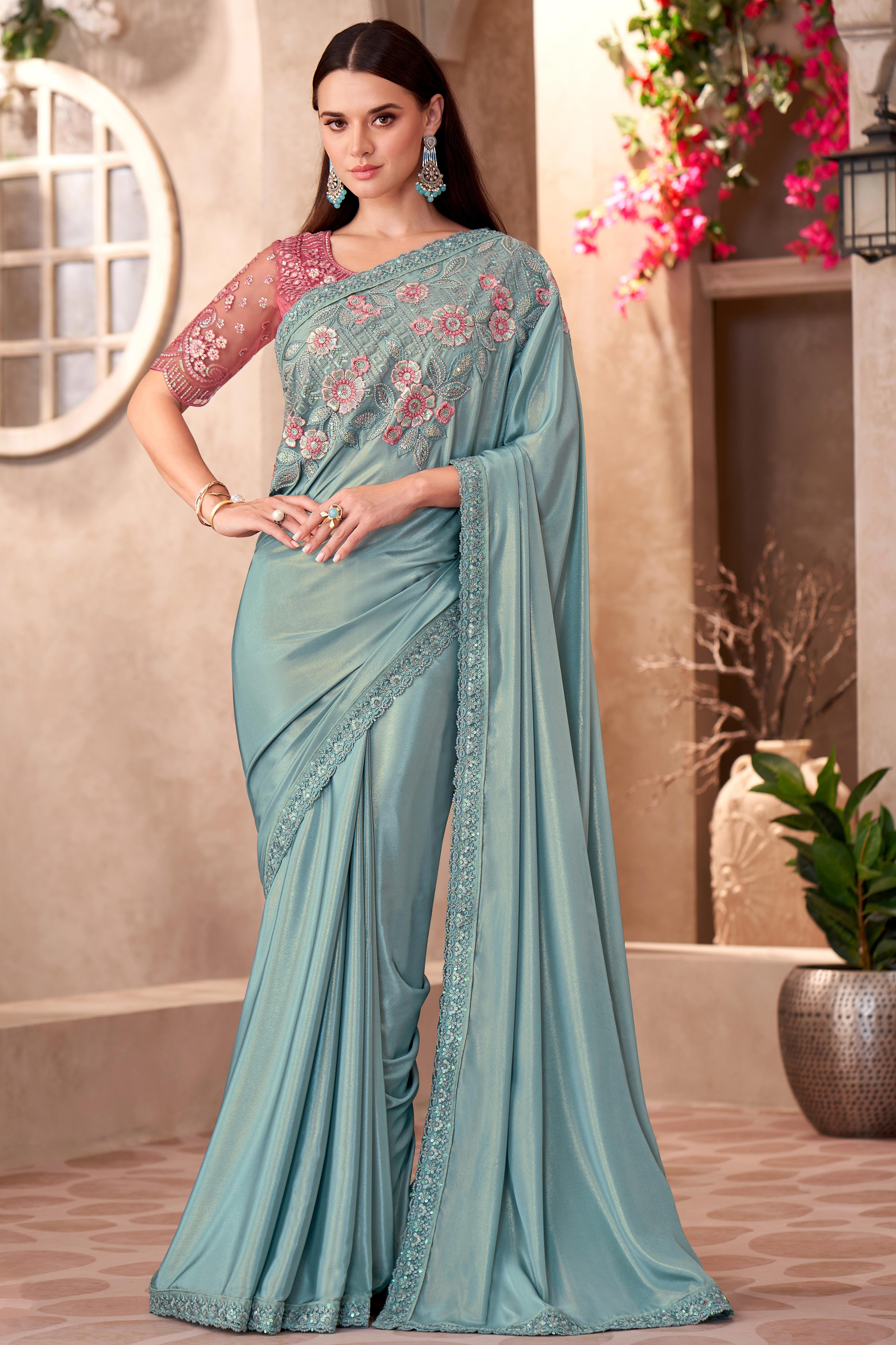 Party Perfect Turquoise Crepe Saree with Shimmering Sequin and Thread Embroidery