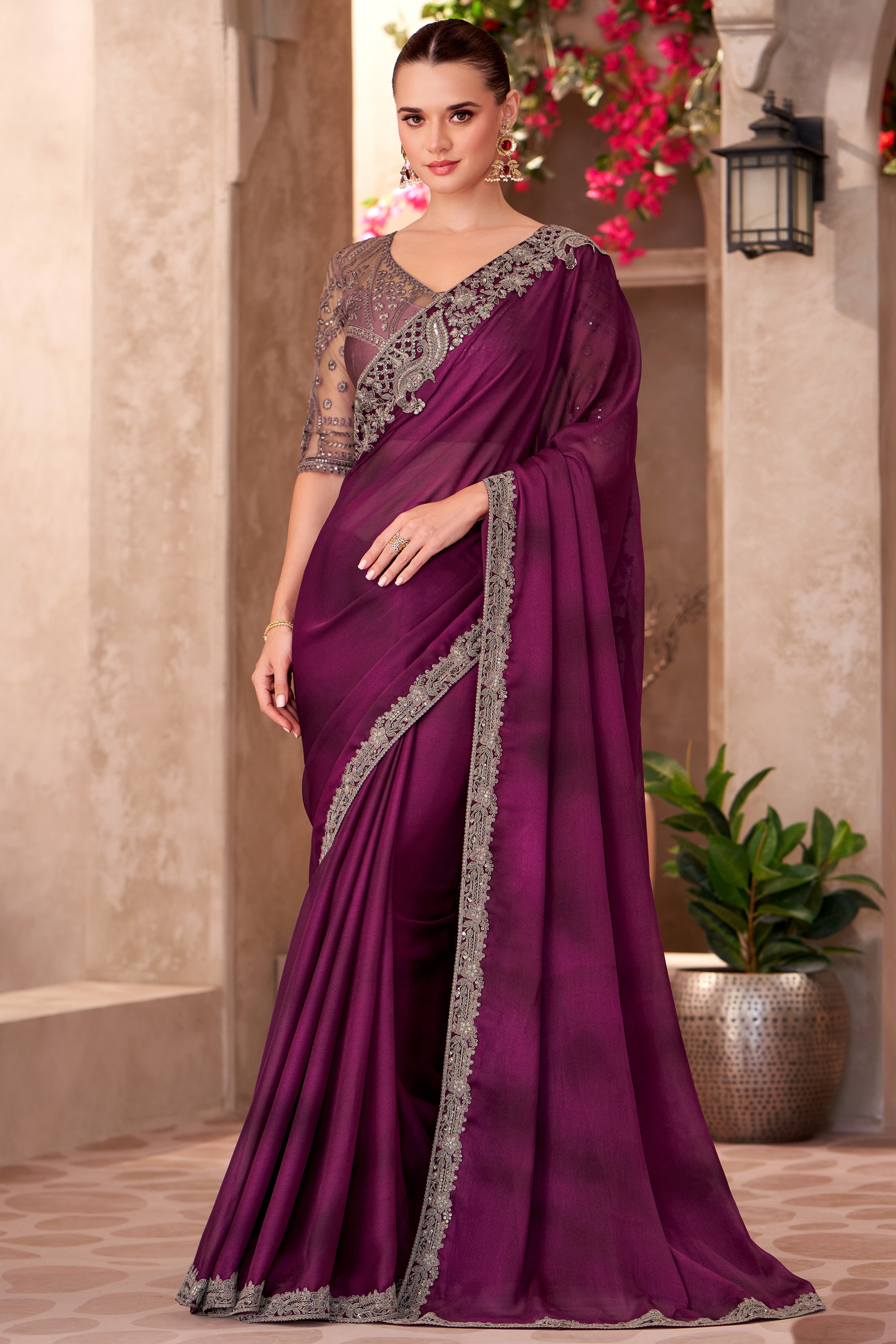 Party Perfect Burgundy Chiffon Saree with Shimmering Sequin and Thread Embroidery