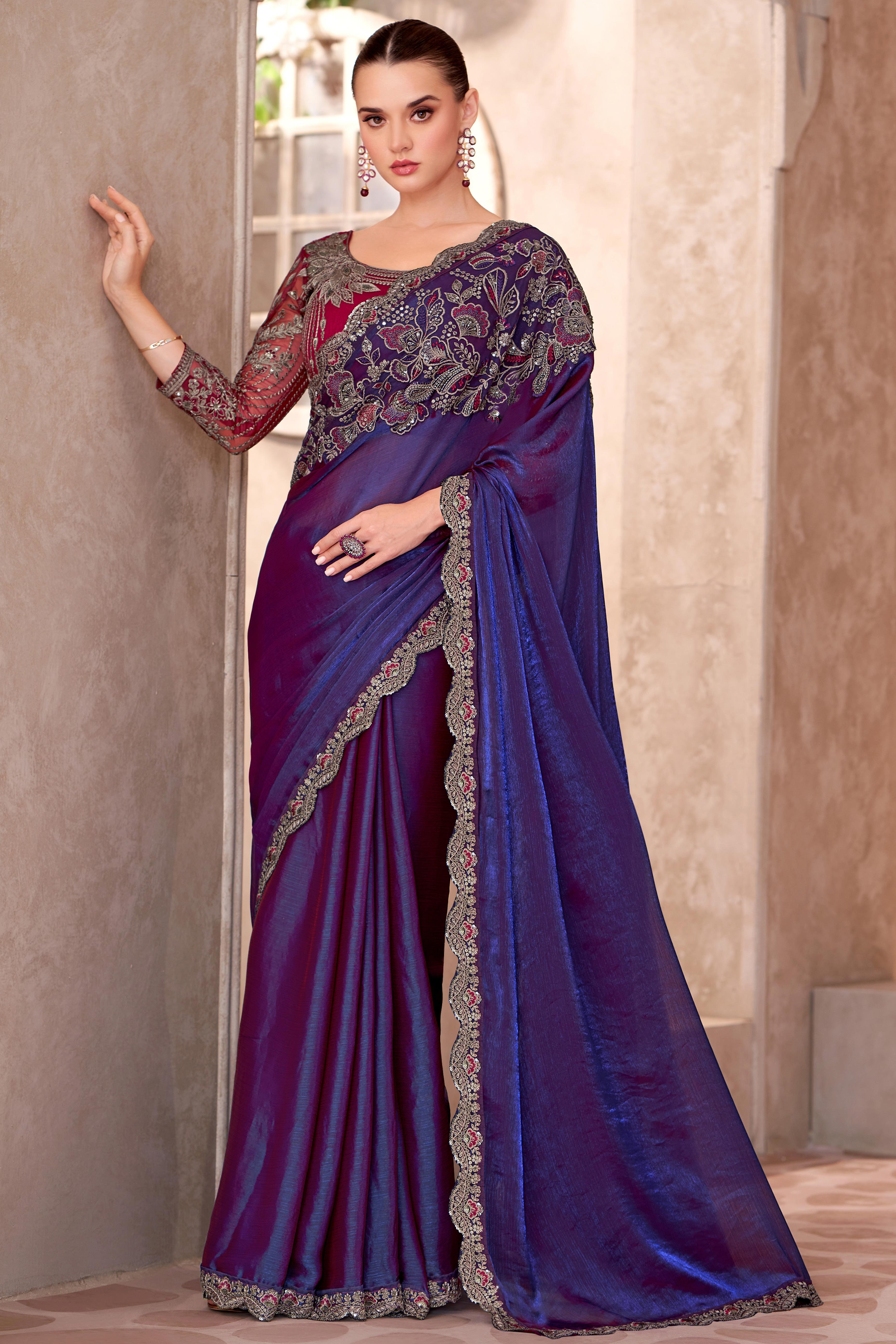 Party Perfect Violet Georgette Saree with Shimmering Sequin and Thread Embroidery