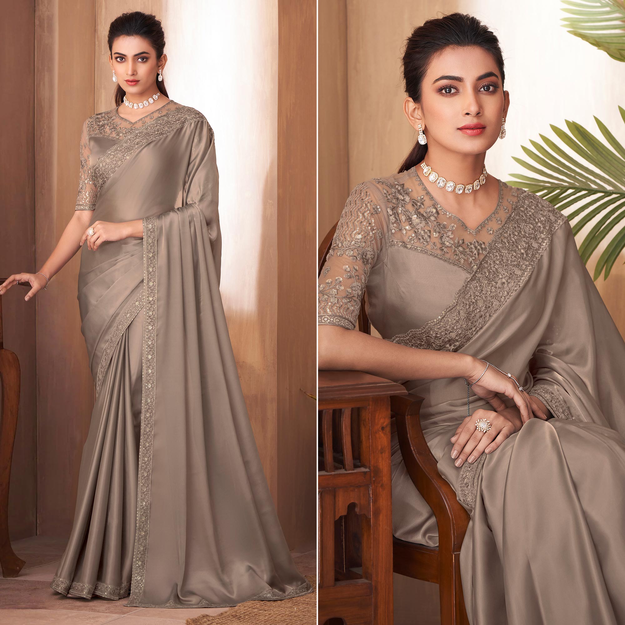 Beige Sequins Embroidered Satin Saree