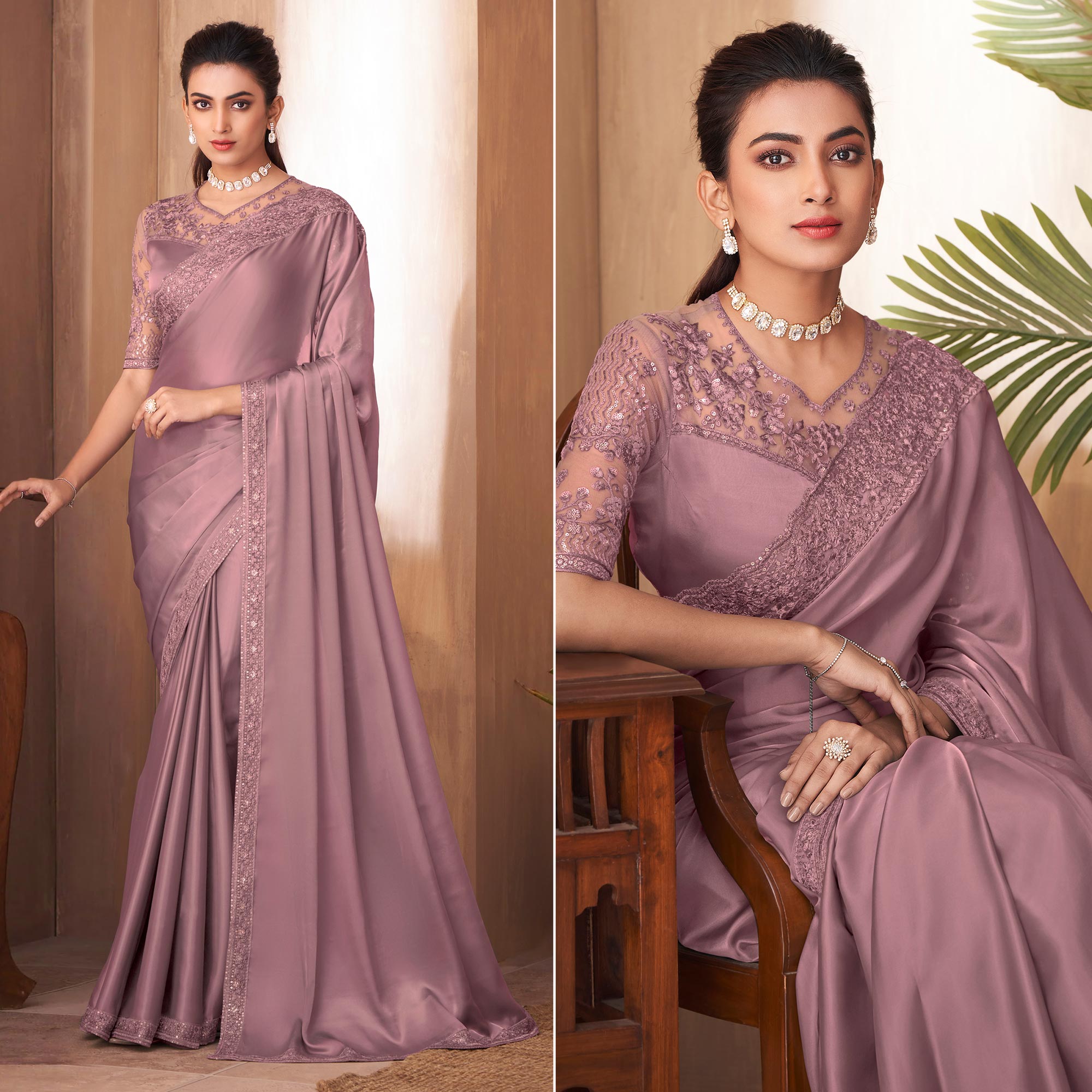 Mauve Sequins Embroidered Satin Saree