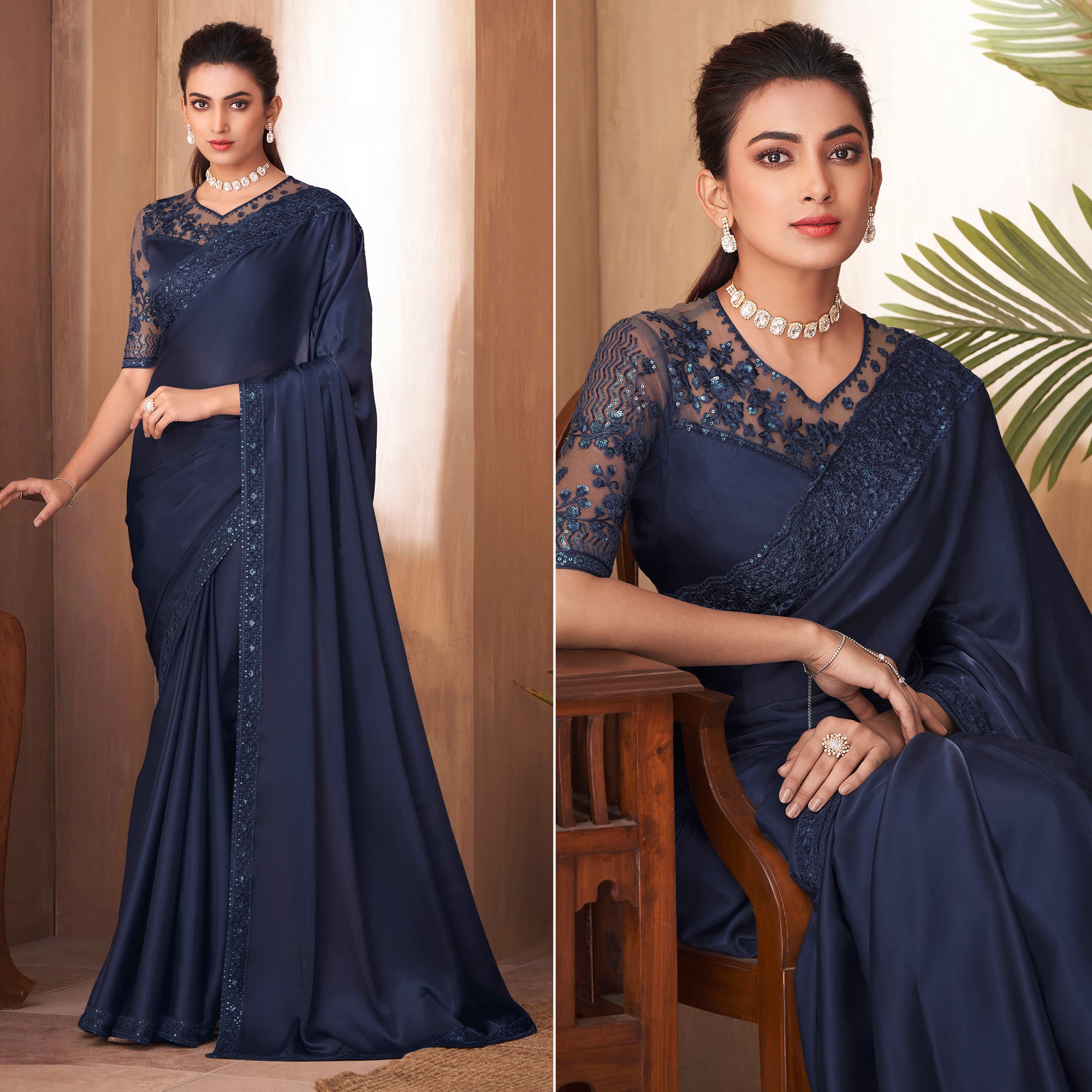 Navy Blue Sequins Embroidered Satin Saree