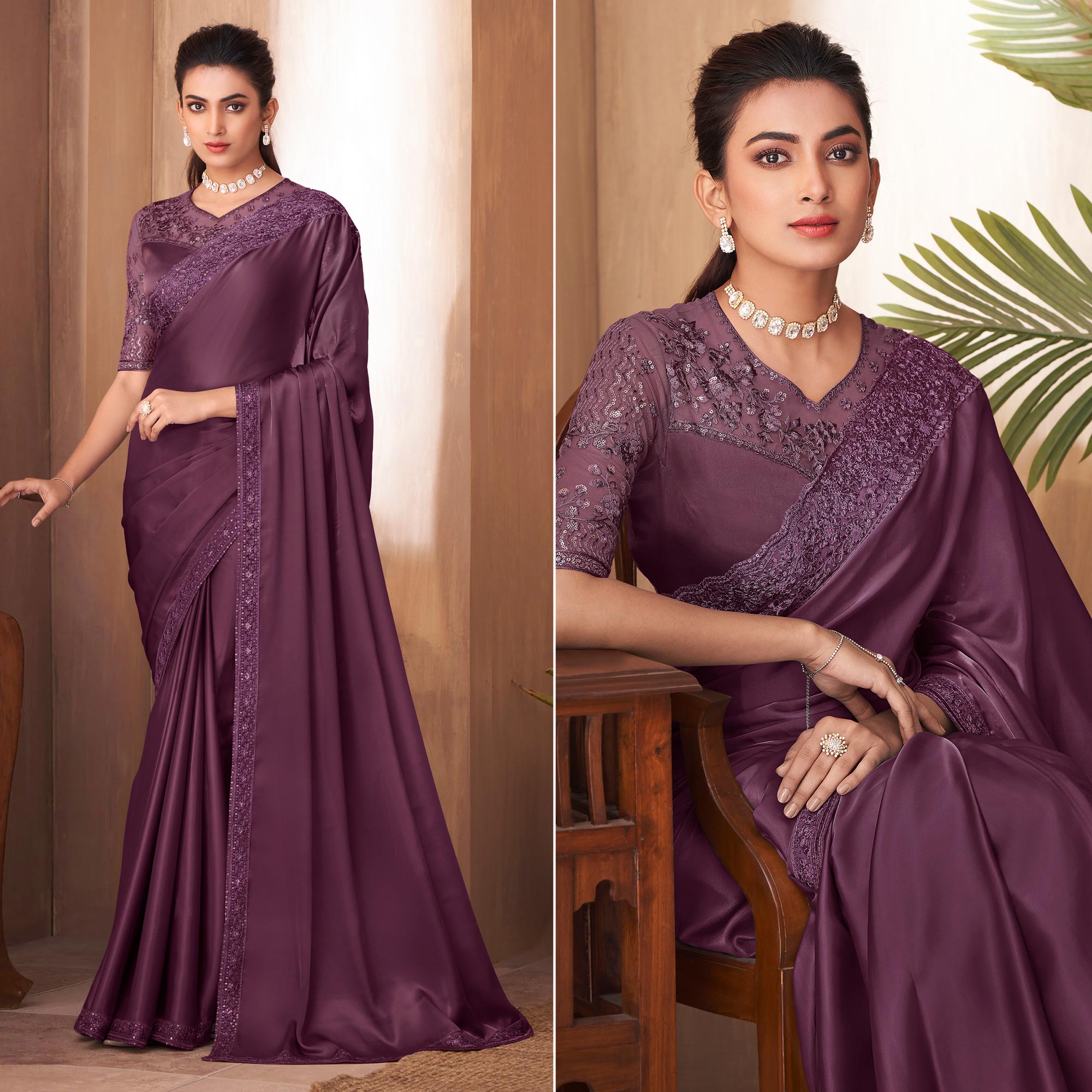 Wine Sequins Embroidered Satin Saree