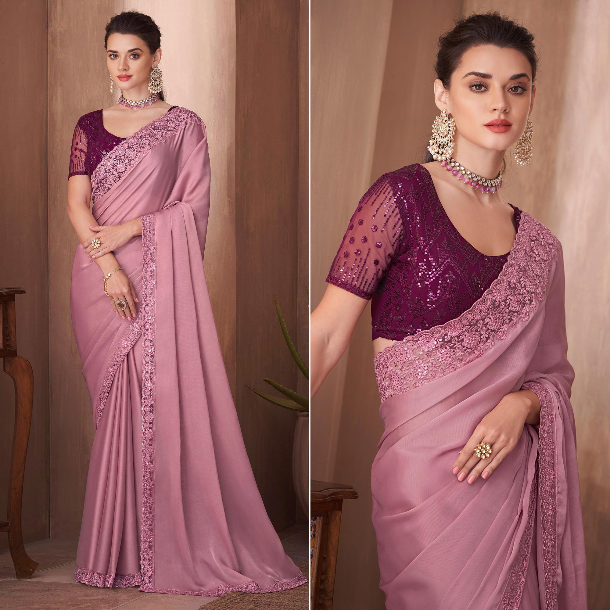 Pink Embroidered Satin Saree