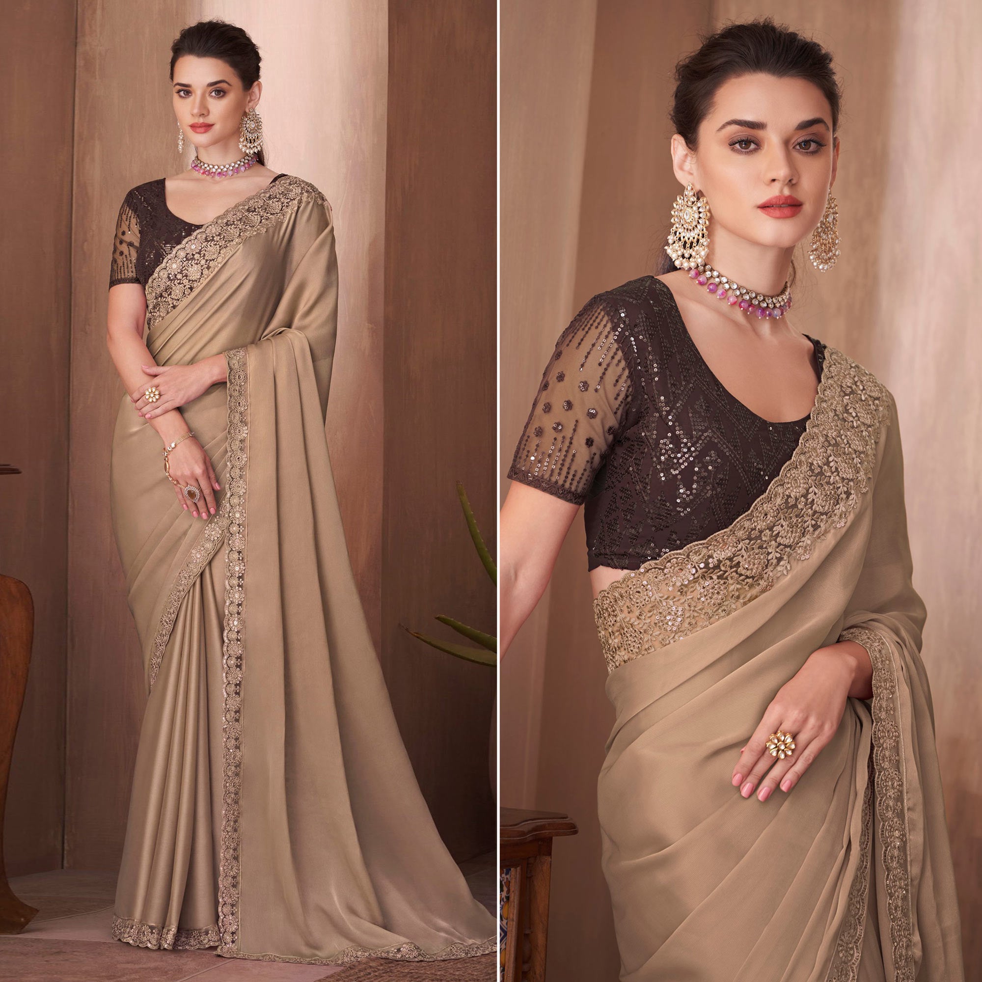 Light Brown Embroidered Satin Saree