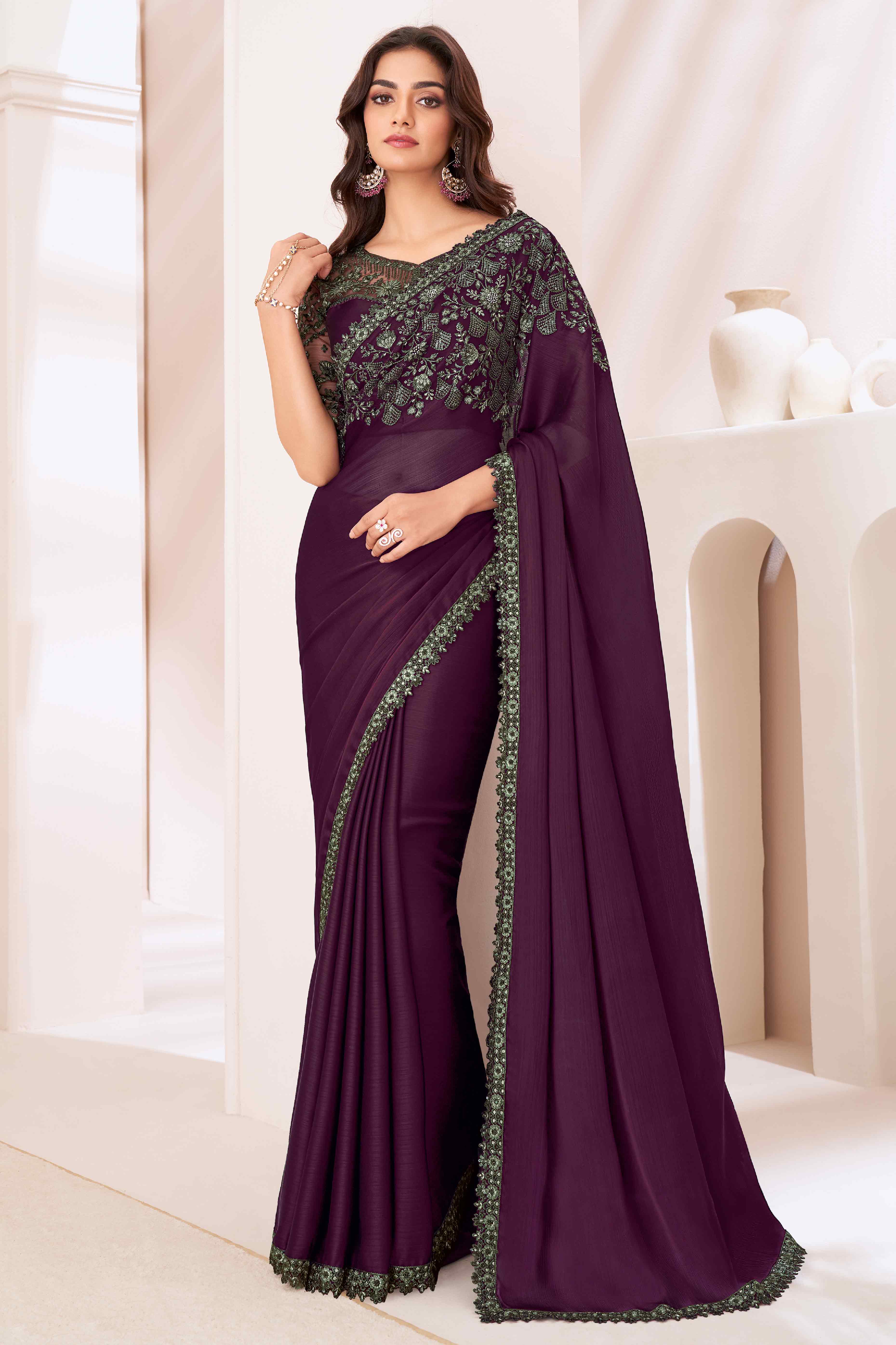 Wine Sequins Embroidered Satin Saree