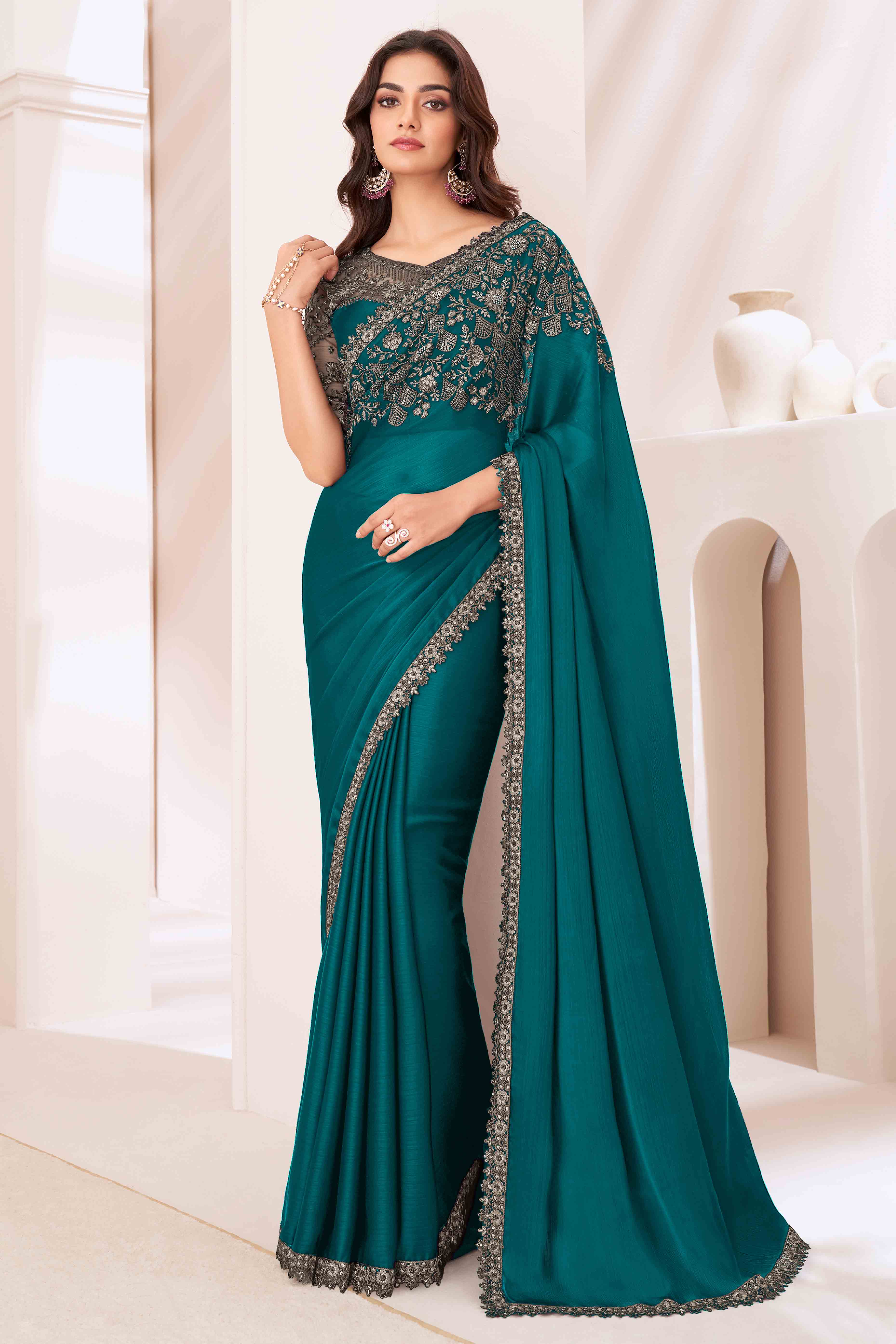 Teal Sequins Embroidered Satin Saree