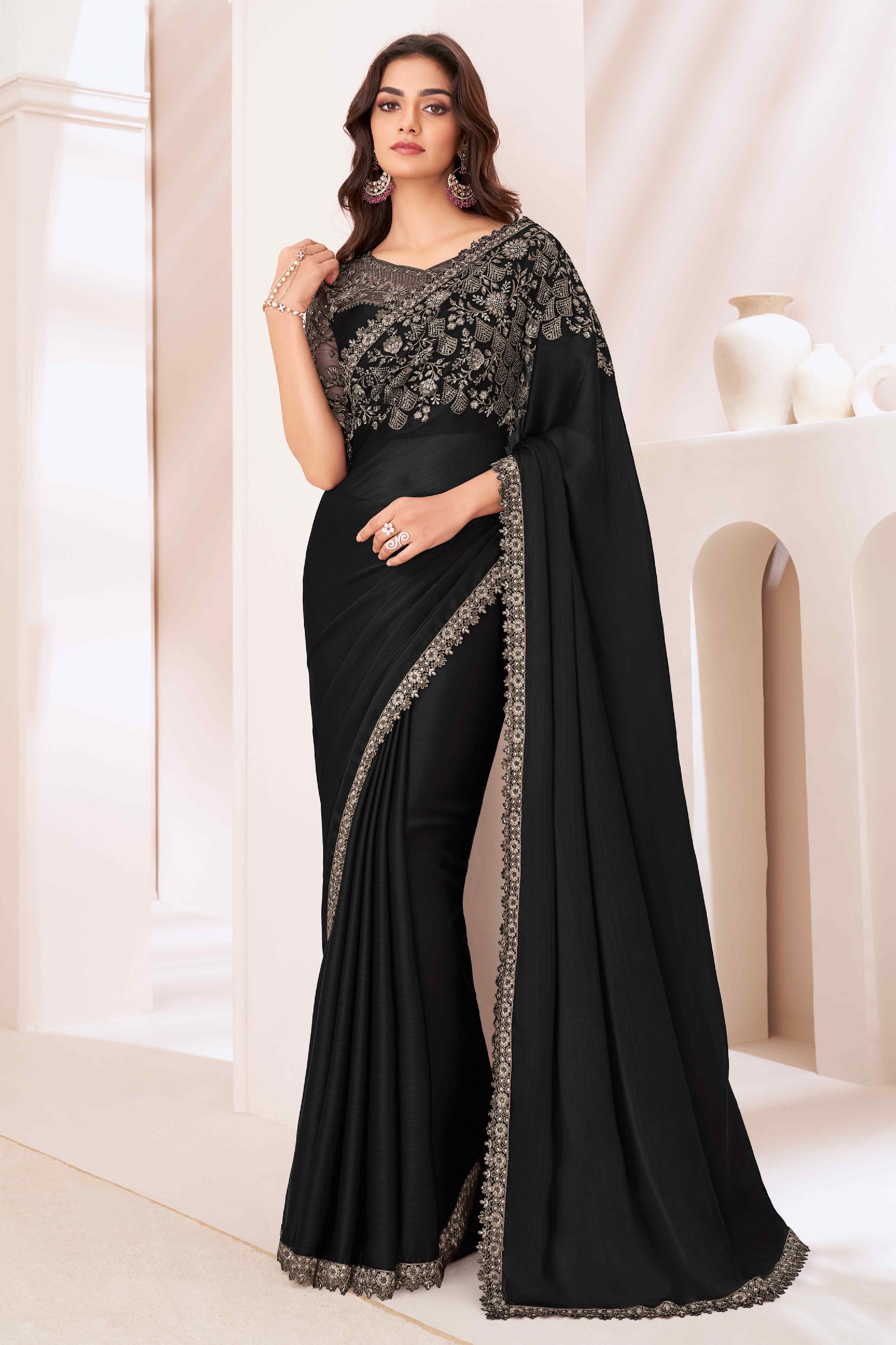 Black Sequins Embroidered Satin Saree