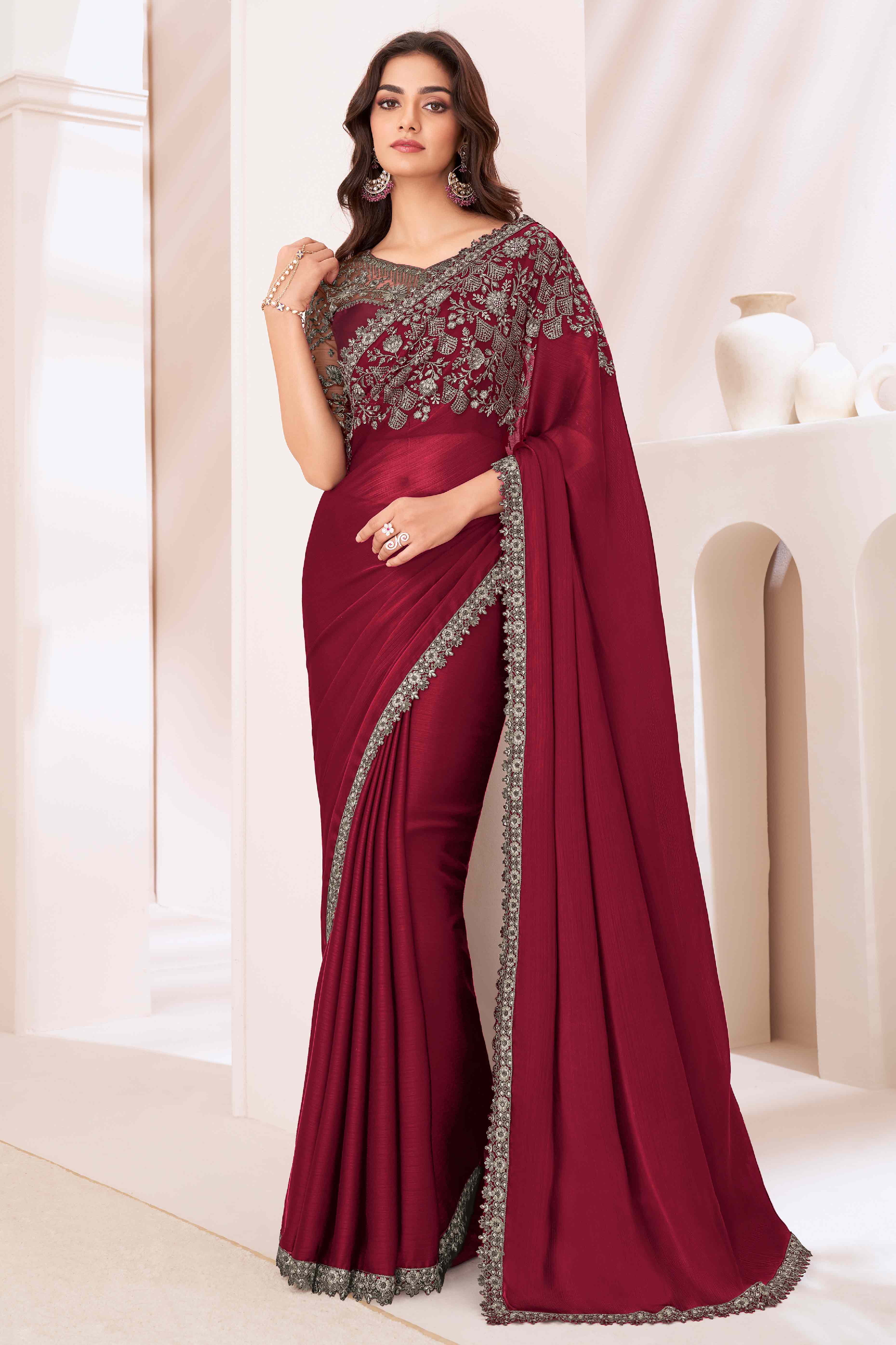 Maroon Sequins Embroidered Satin Saree