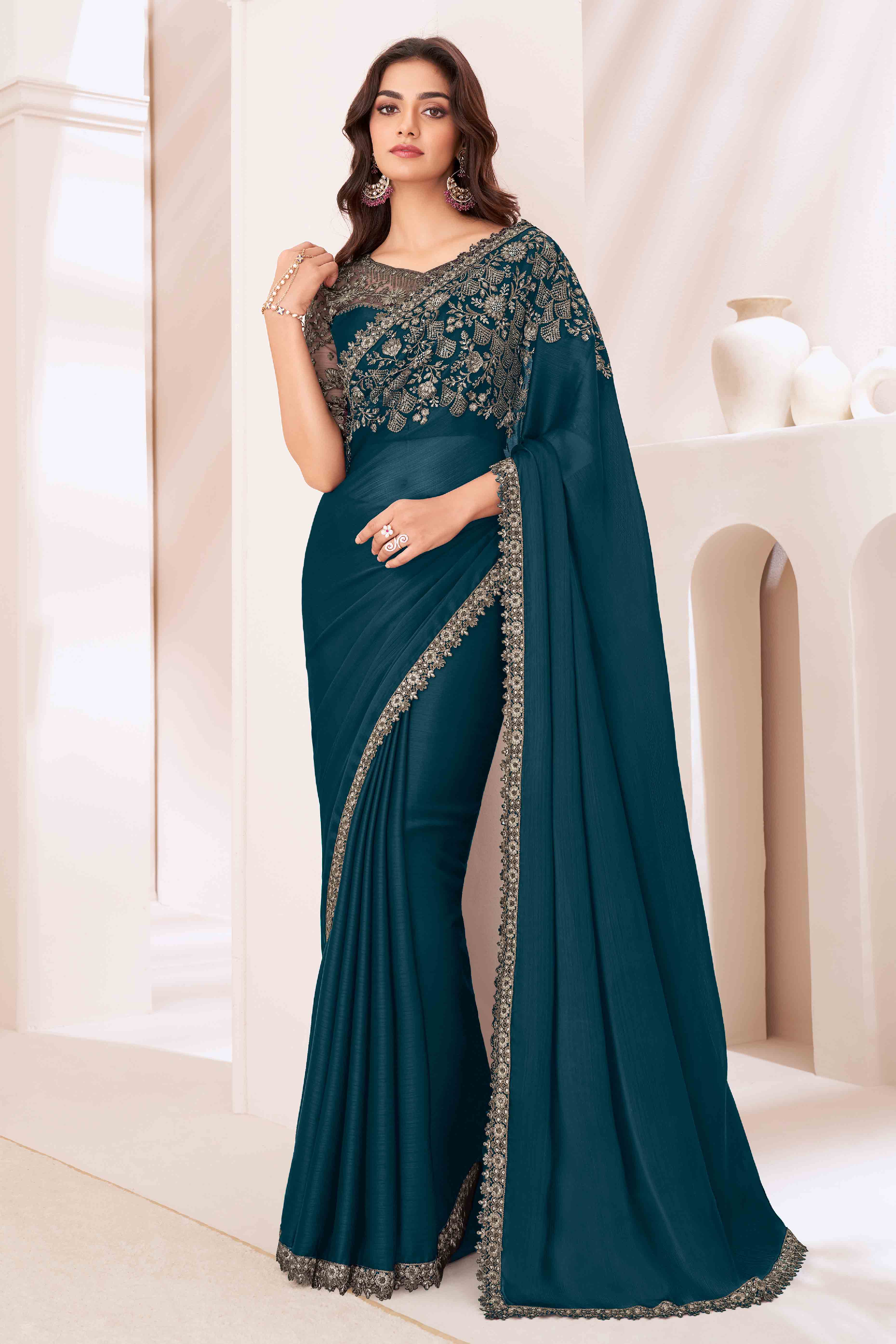 Dark Teal Sequins Embroidered Satin Saree